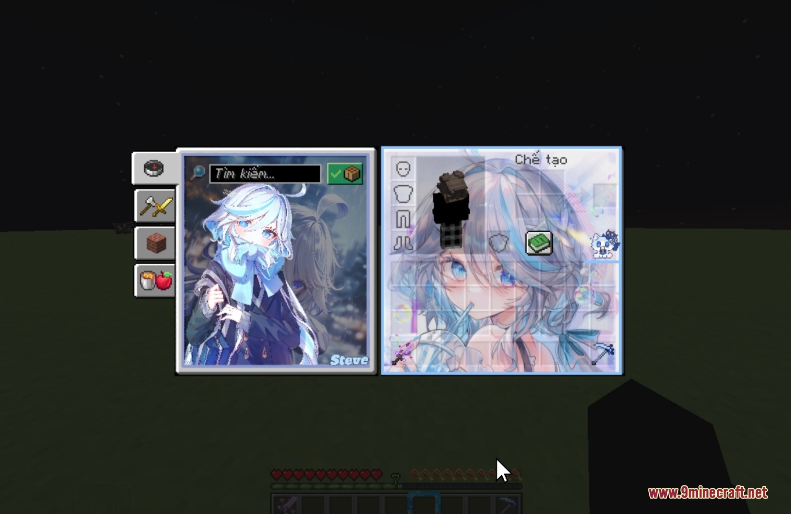 Anime themed inventory screen featuring character art and custom Vietnamese text