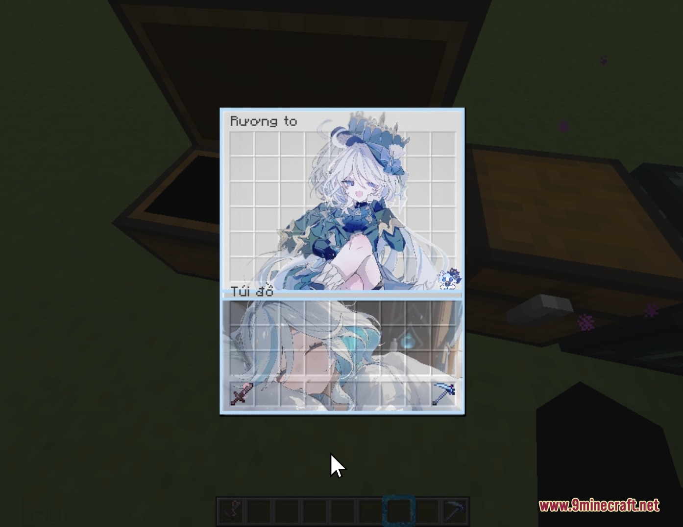 A chest inventory interface featuring a custom anime character background illustration