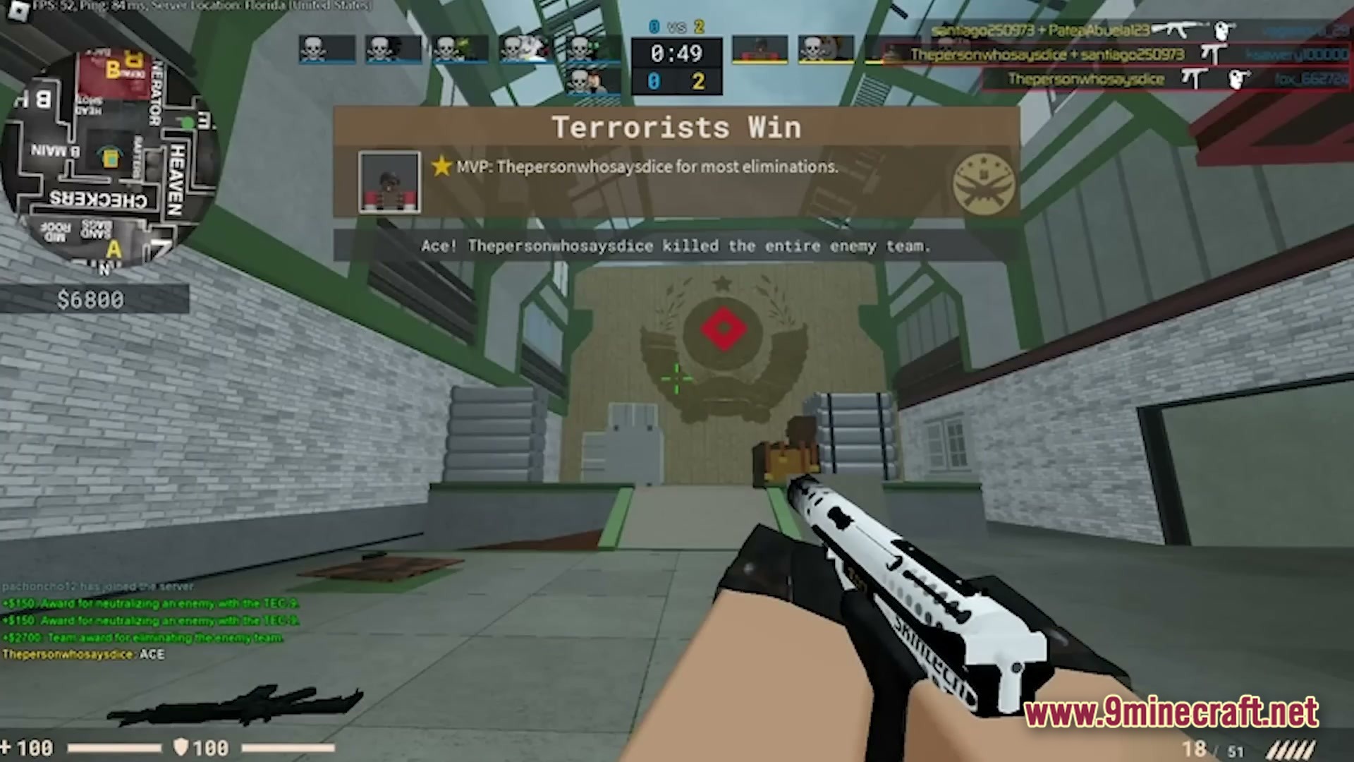 A first-person perspective of a tactical shooter match ending on a block-based recreation of Cache