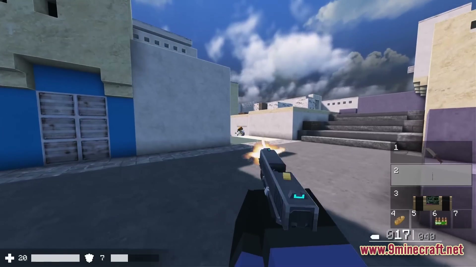 A first-person perspective of a player firing a handgun in an urban Minecraft environment