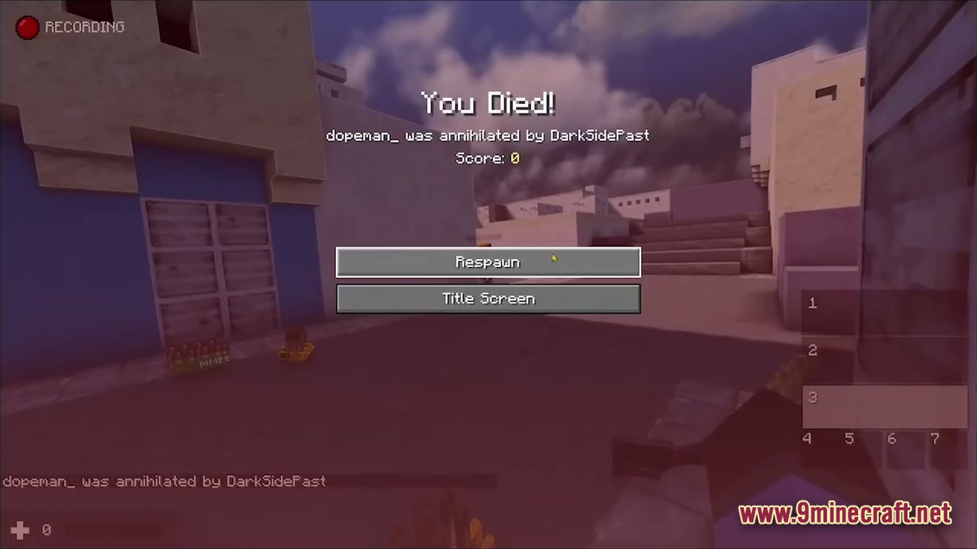A player death screen in an urban environment with a red-tinted overlay and respawn options
