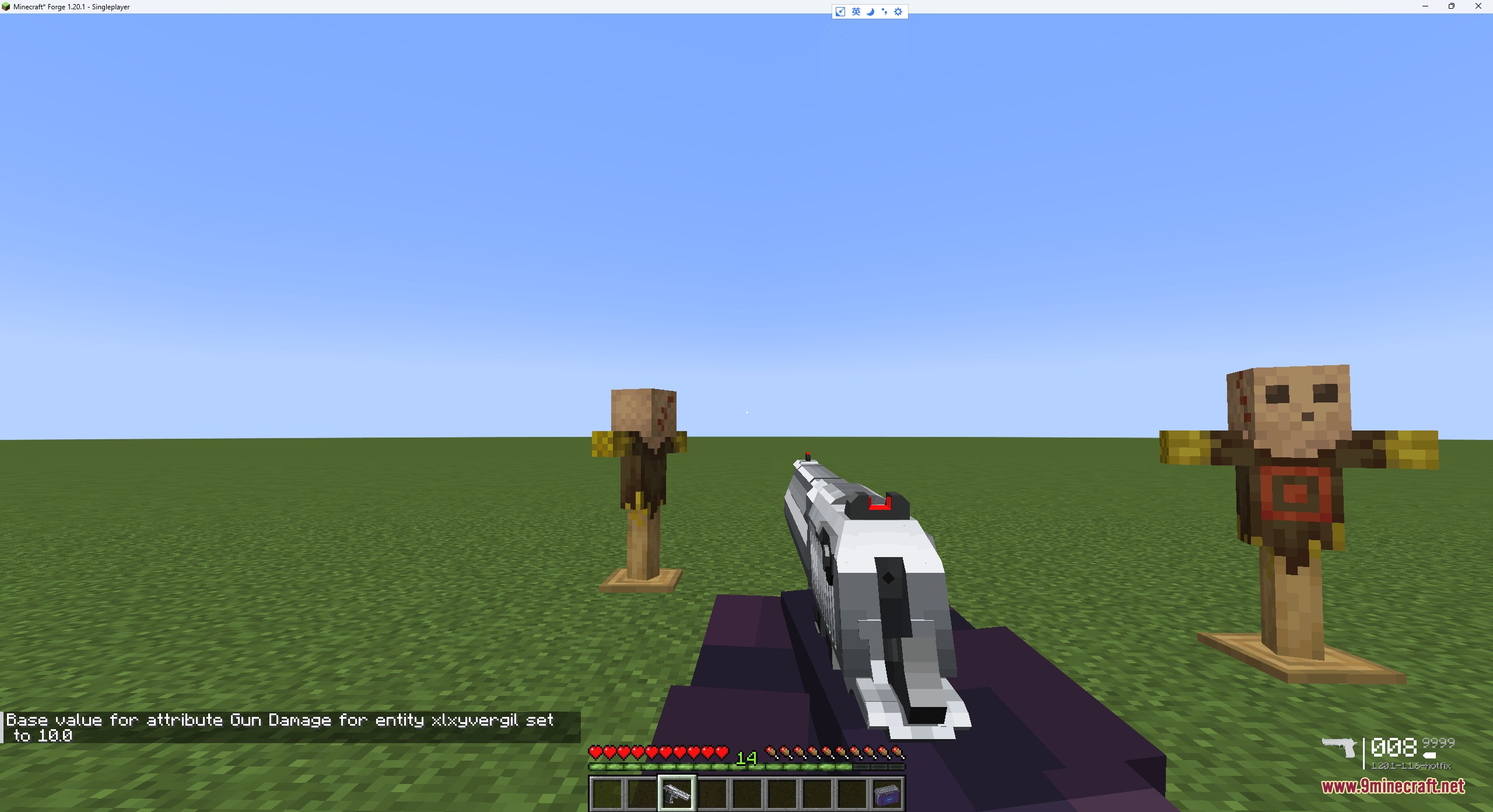 A player aims a silver pistol at training dummies in a field