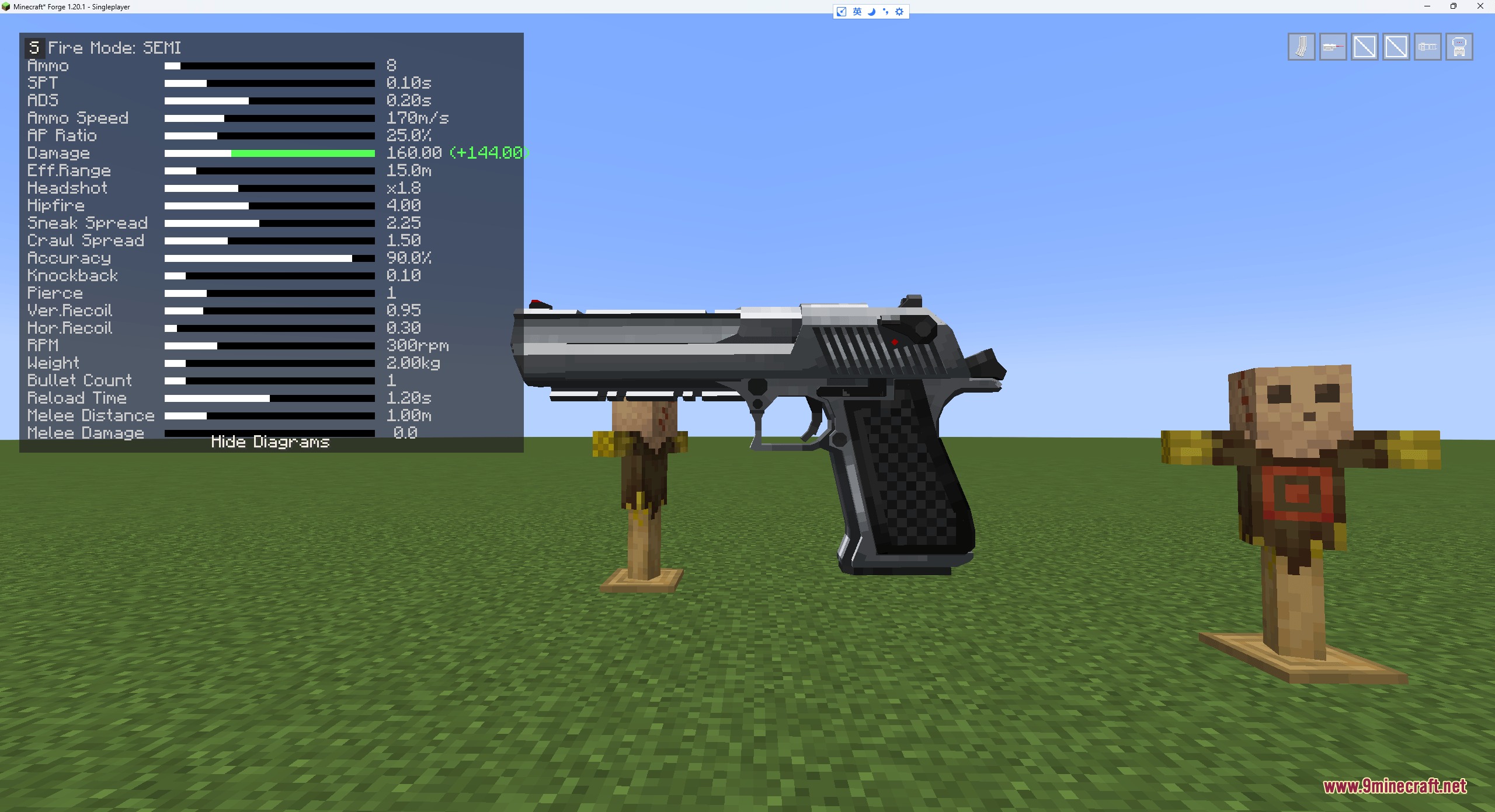 Tactical Kinetic Flux Mod interface displaying detailed gun stats for a silver pistol