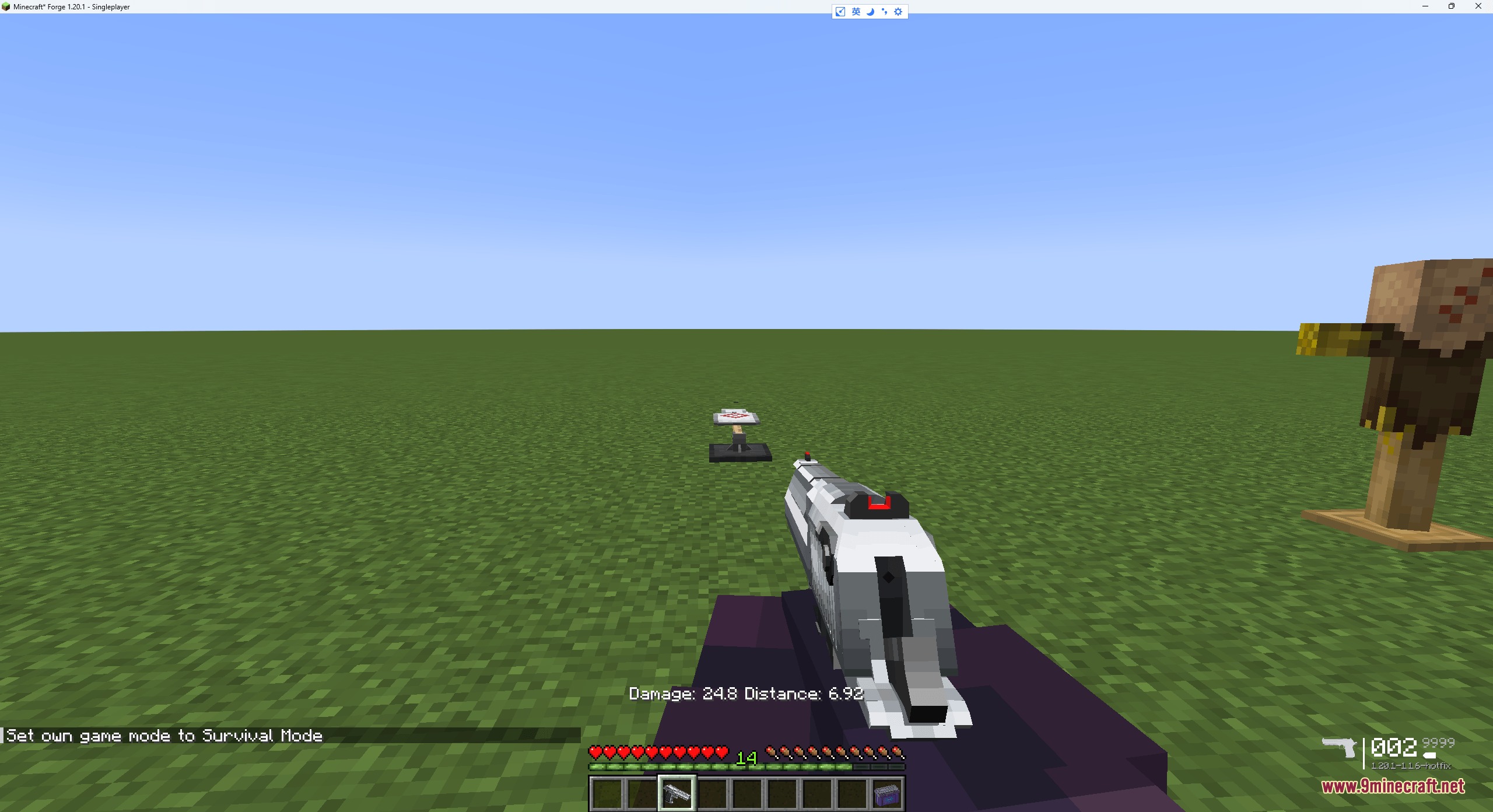A player aims a pistol at a target dummy in a field