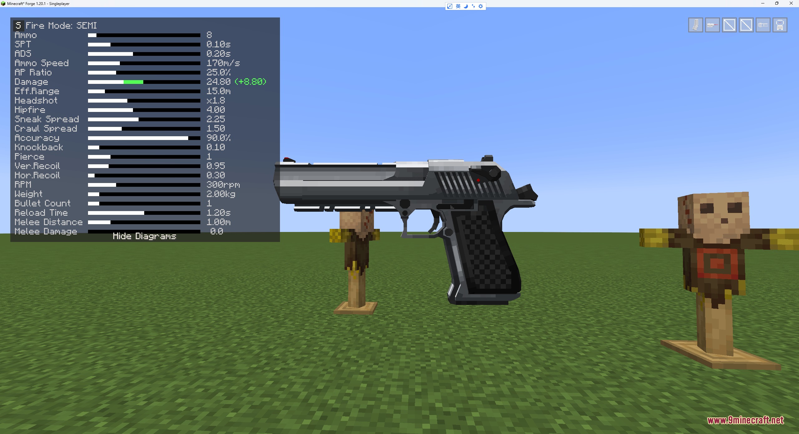 A detailed pistol model displayed with a comprehensive weapon statistics overlay menu