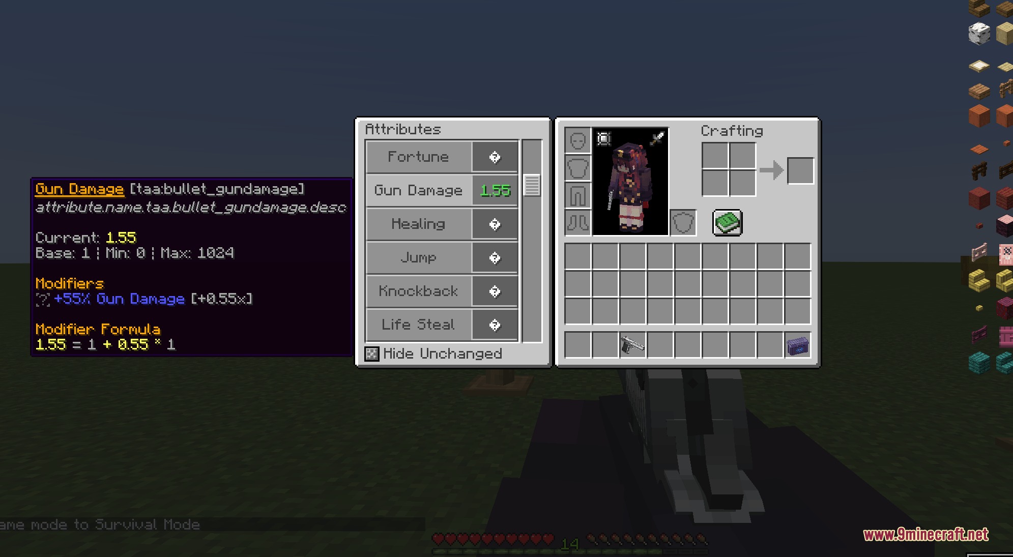 Tactical Kinetic Flux Mod interface showing custom player attributes and gun damage modifiers