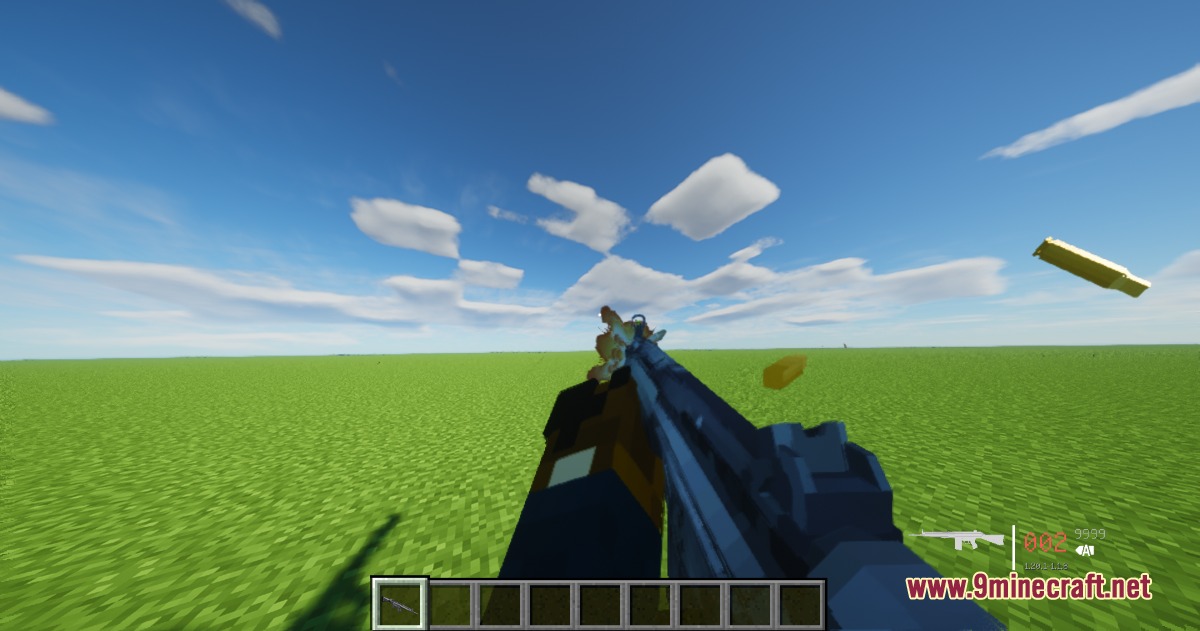 Tacz Recycling Mod Screenshot 1 Minecraft player firing a blue assault rifle with muzzle flash and flying casings
