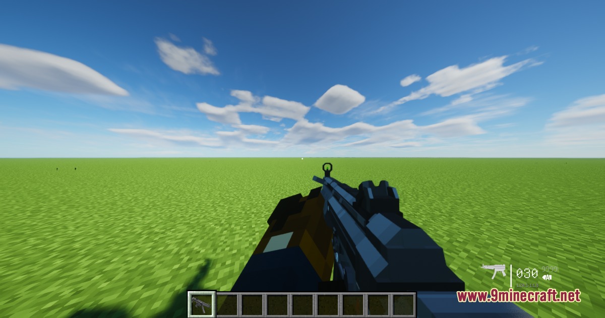 Tacz Recycling Mod Screenshot 2 Minecraft player holding a detailed blue assault rifle model in a flat world