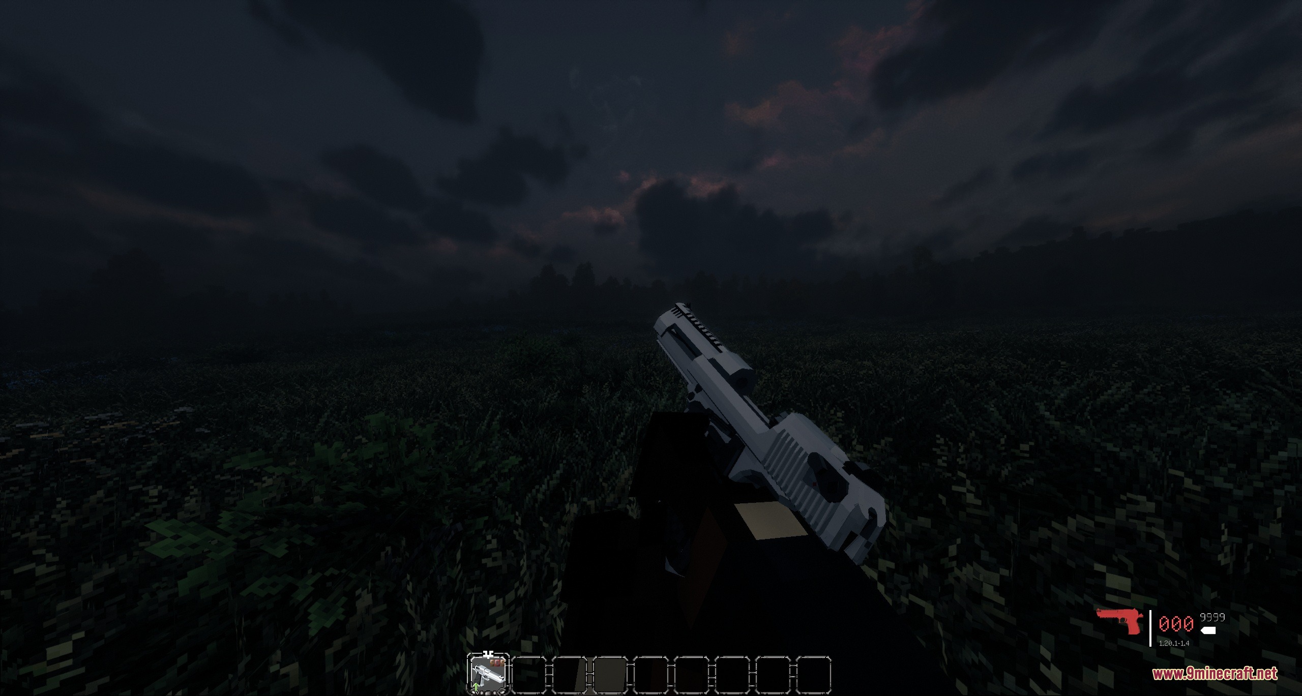 Tacz Recycling Mod Screenshot 4 Player holding a silver handgun while standing in a dark grassy field