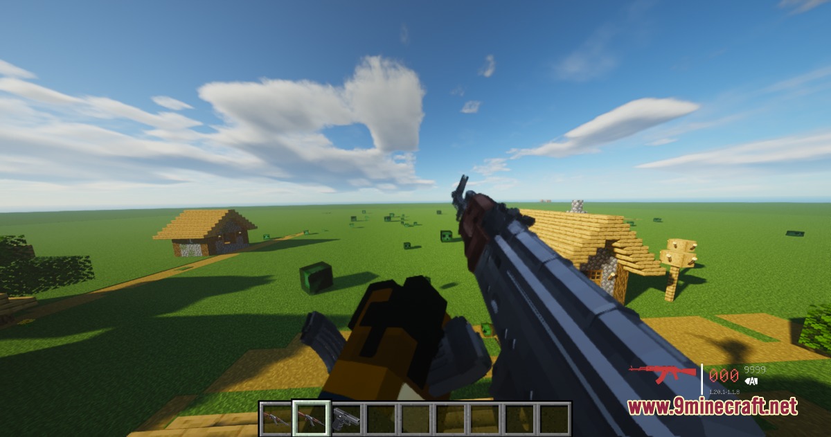 Tacz Recycling Mod Screenshot 6 First person view of a player holding an assault rifle in a village