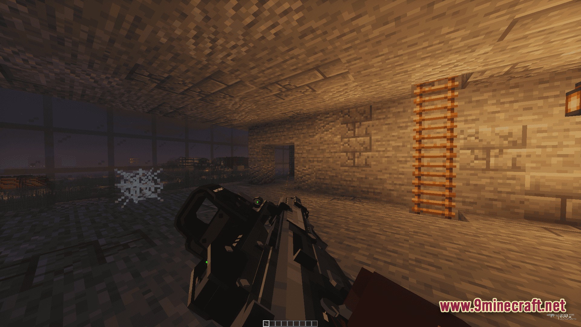 Take A Look GUNS Remasterd Modpack Screenshot 1 A first-person view of a player holding a firearm inside a stone building with a ladder