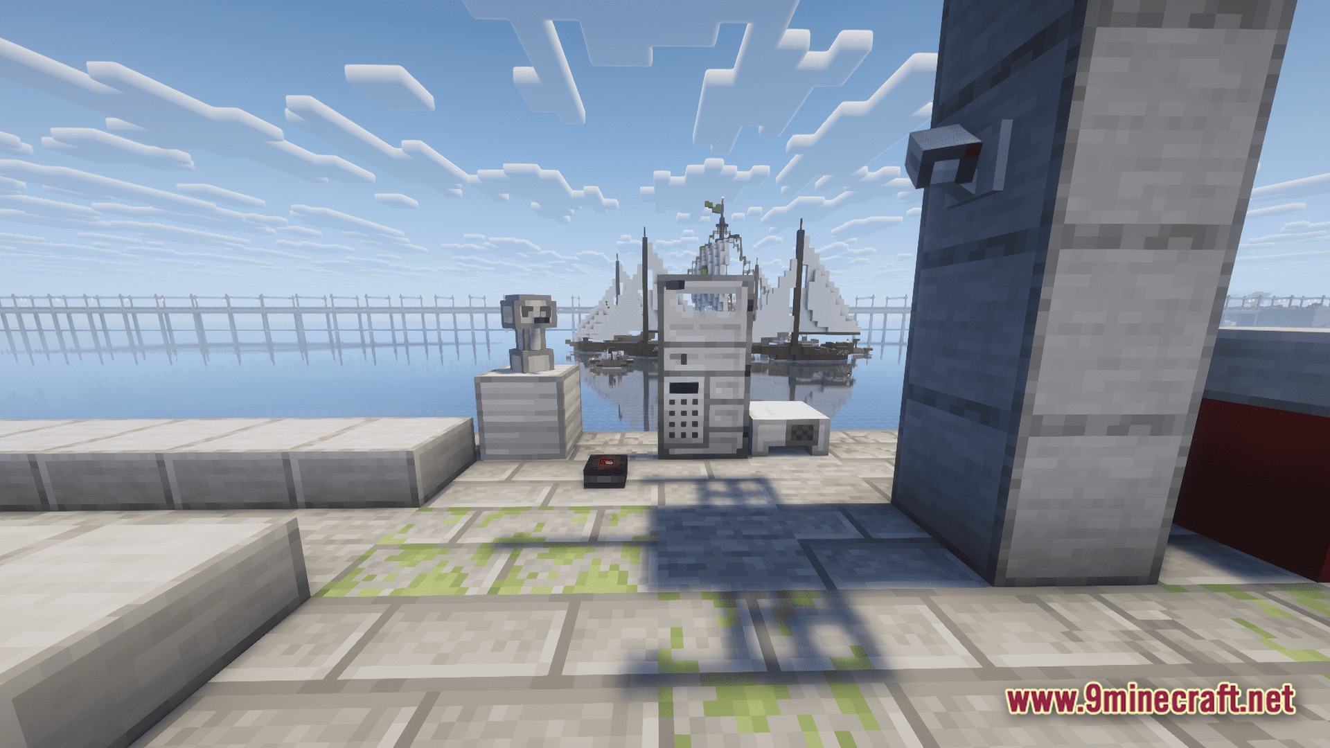 Take A Look GUNS Remasterd Modpack Screenshot 4 Modern electronic equipment and a security camera overlooking a harbor with several sailing ships