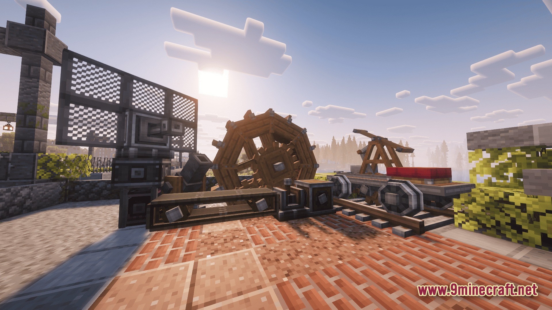 Take A Look GUNS Remasterd Modpack Screenshot 6 Various industrial machines from the Create mod including a water wheel, mechanical press, and railway