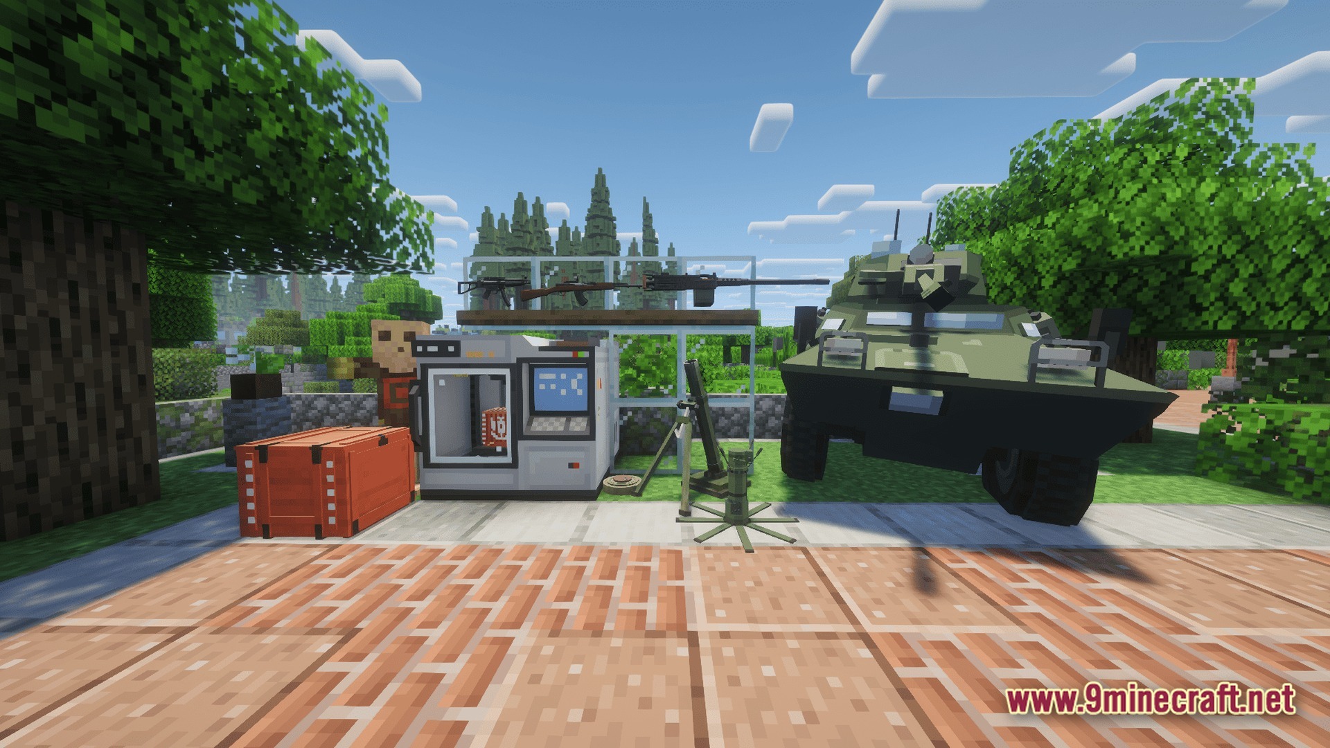Take A Look GUNS Remasterd Modpack Screenshot 7 An armored vehicle, various firearms, and military equipment displayed outdoors in a Minecraft forest biome