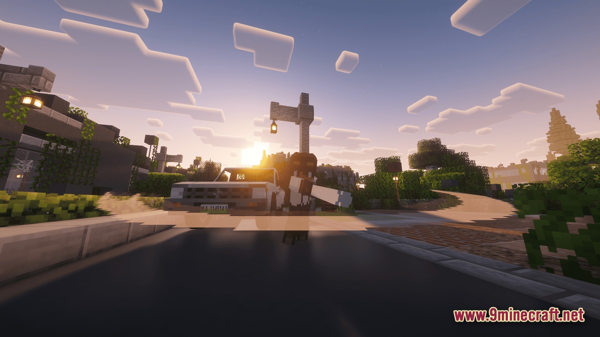 Take A Look GUNS Remasterd Modpack Screenshot 8 A character stands on a paved road next to a white car in an overgrown city