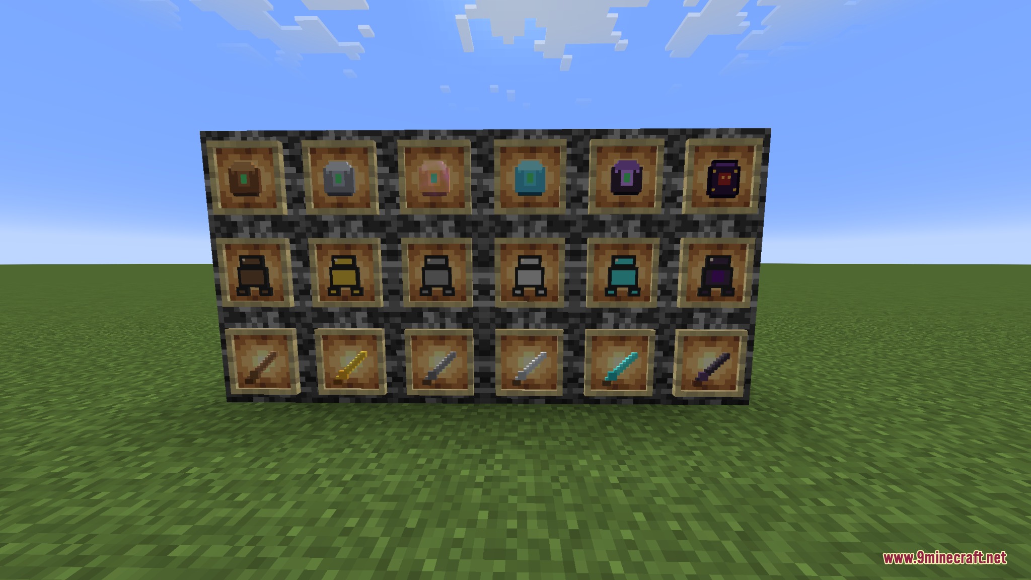 Tame Every Mob Mod Screenshot 1 Various pet armor swords and upgrade items displayed in item frames