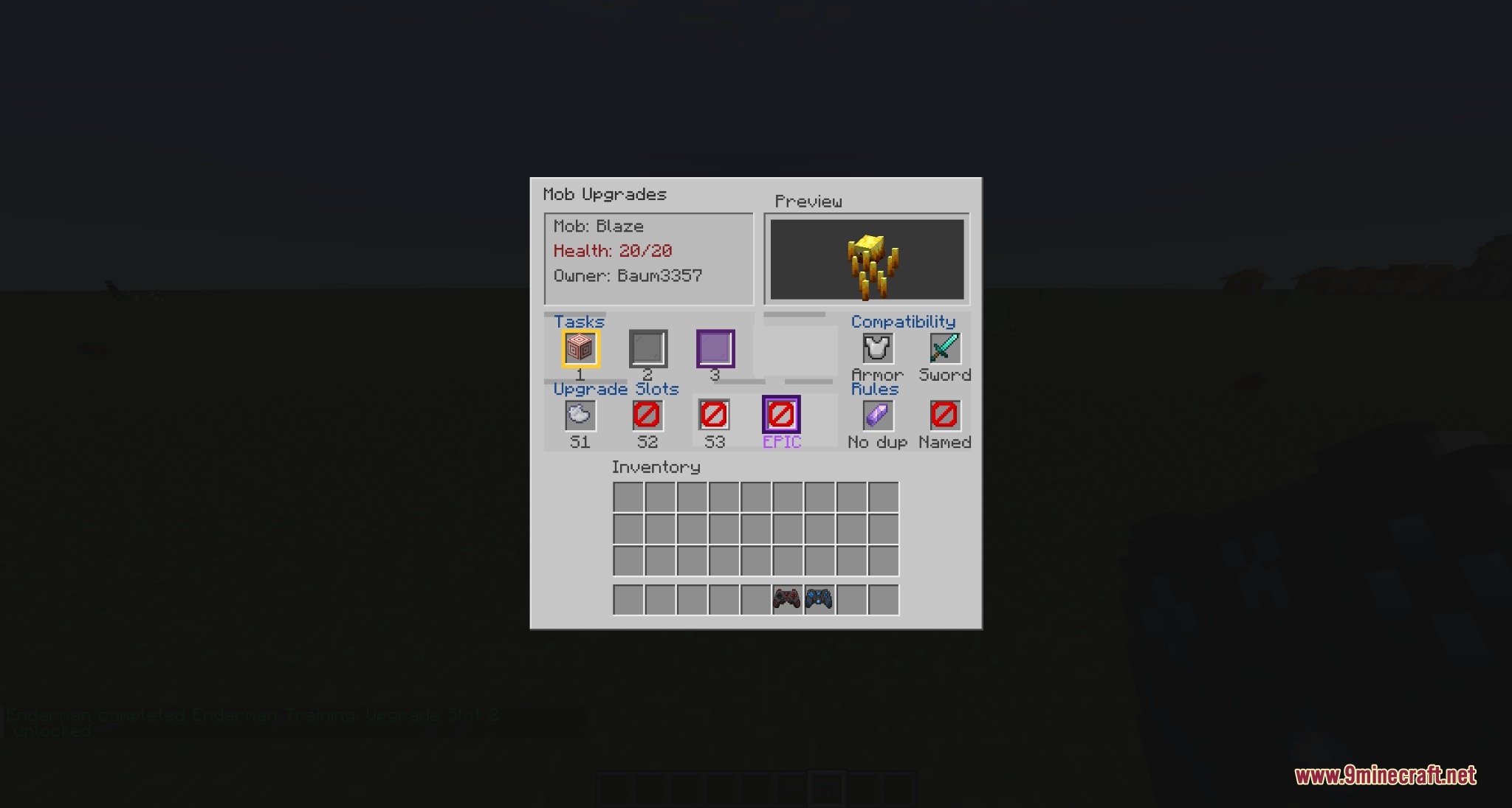 Tame Every Mob Mod Screenshot 2 The mob upgrades interface showing health and equipment for a Blaze