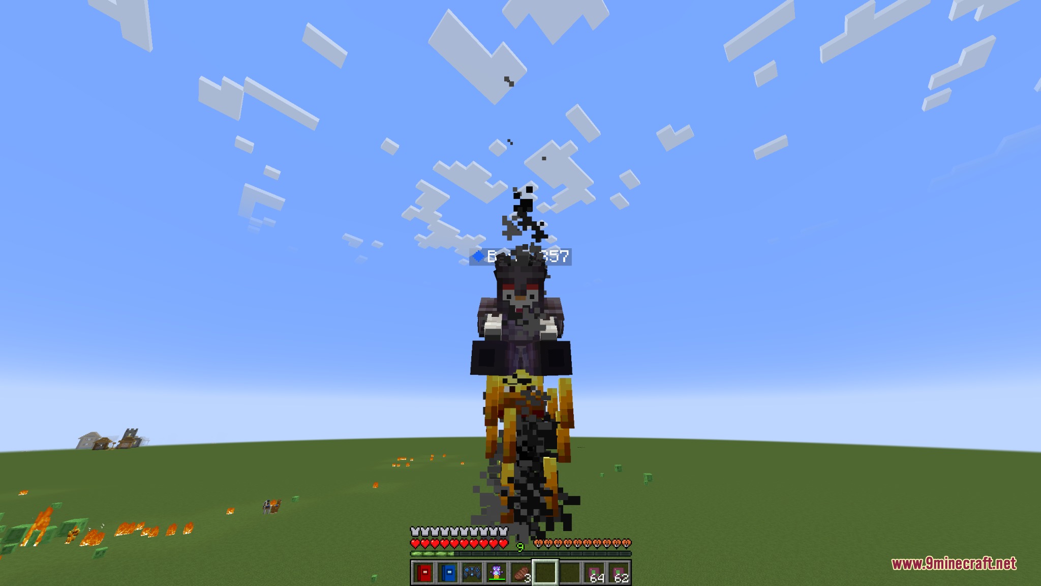 Tame Every Mob Mod Screenshot 3 Player character riding a flaming mob while flying through the Minecraft sky