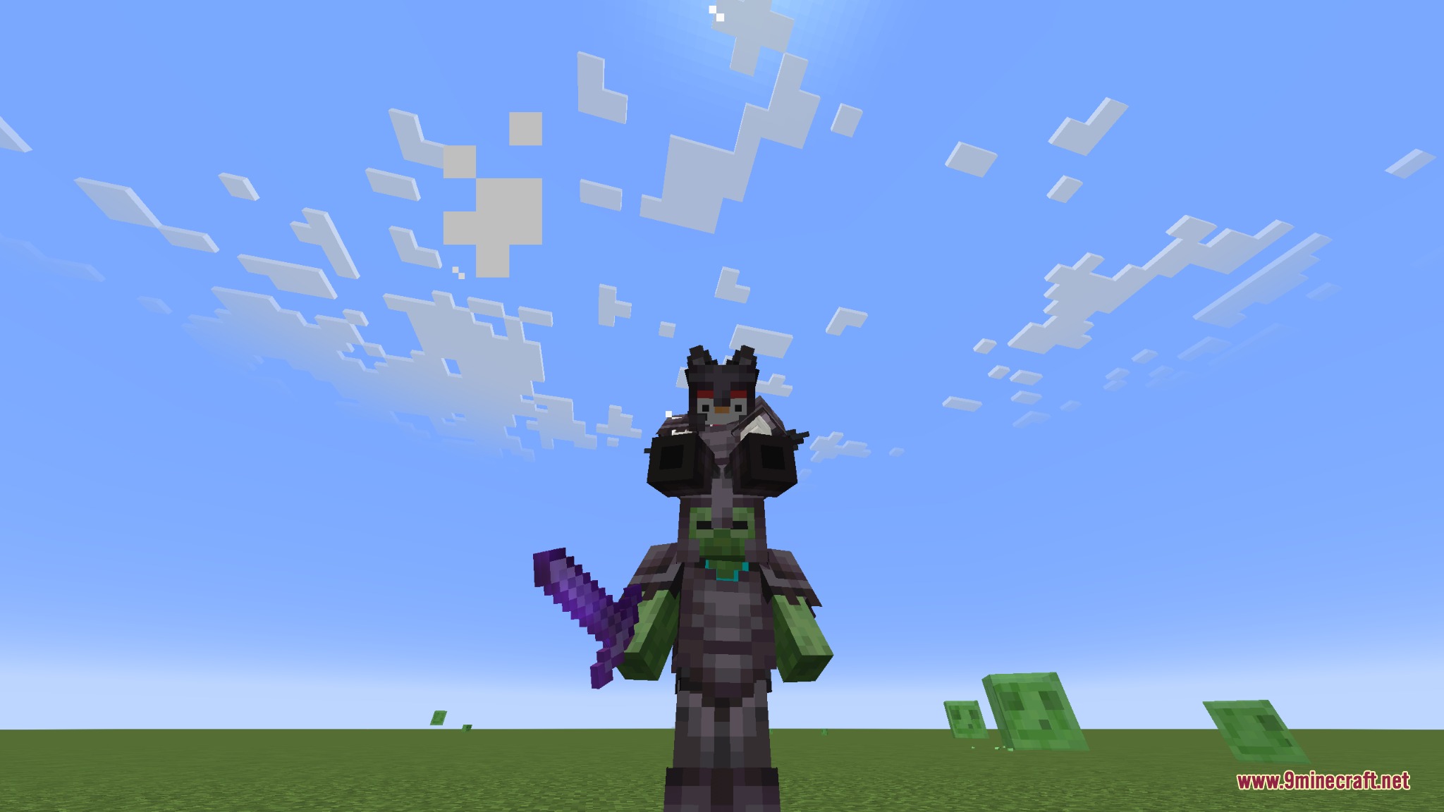 Tame Every Mob Mod Screenshot 5 An armored zombie holding a sword with a pet on its head near slimes