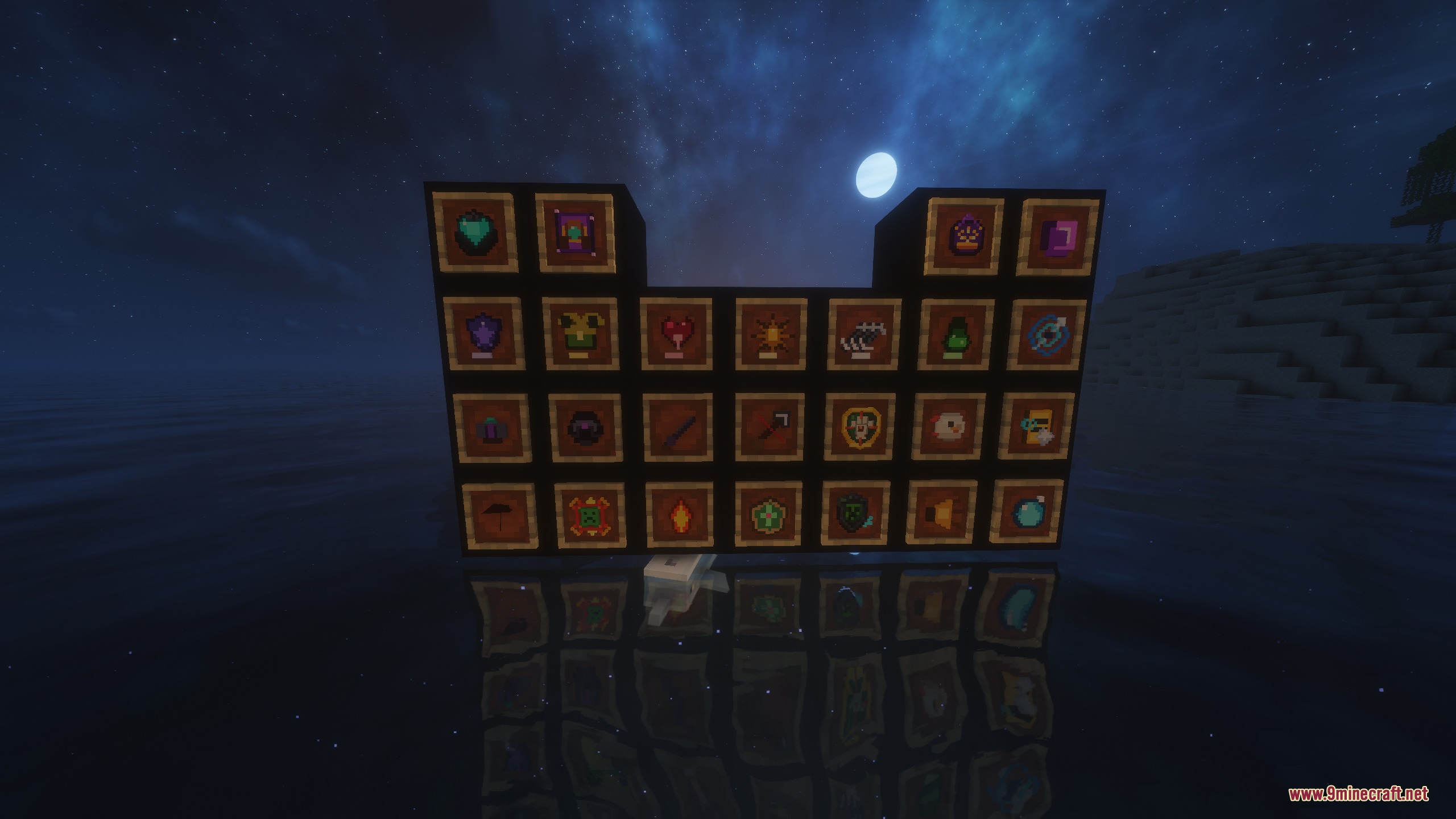 Tame Every Mob Mod Screenshot 6 A wall of item frames displaying various upgrade items for tamed mobs
