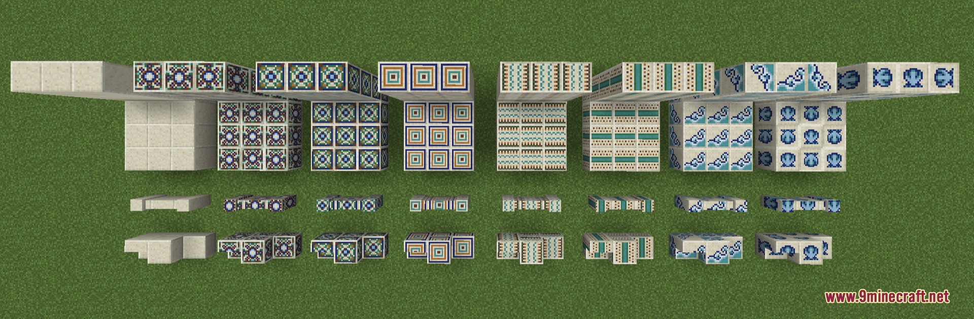 Tasty Tiles Mod Screenshot 3 Various patterned sandstone tiles and slabs arranged on a green grass field