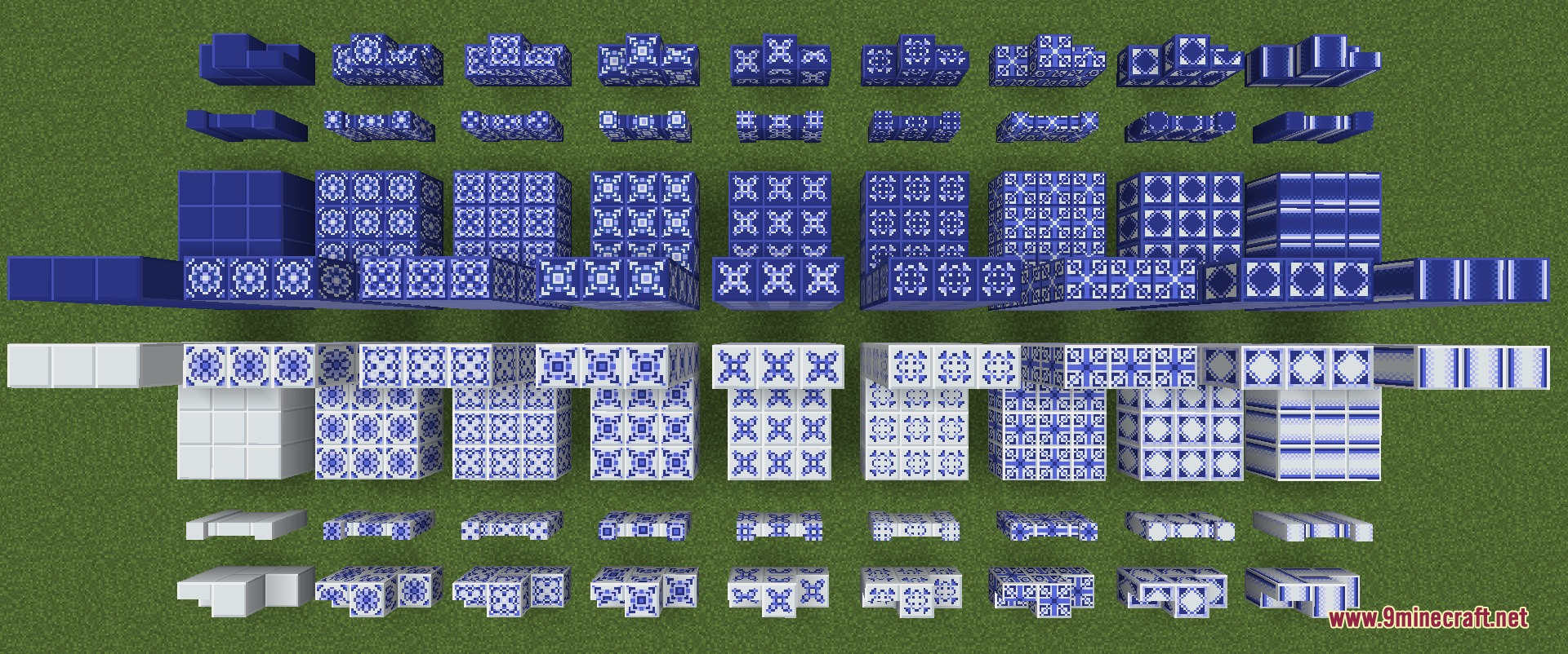Tasty Tiles Mod Screenshot 4 Dark blue and white decorative ceramic tiles and slabs displayed in Minecraft