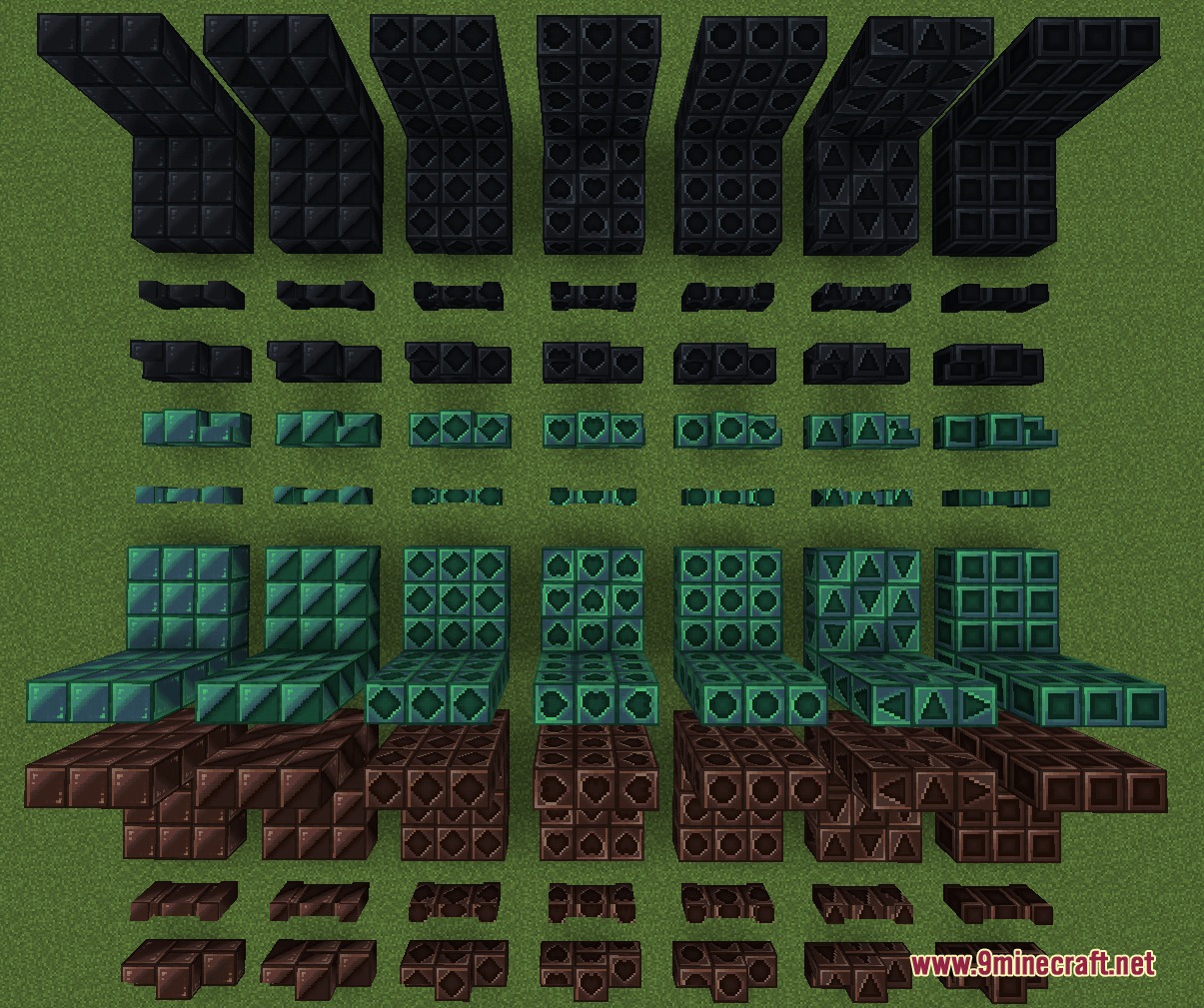 Tasty Tiles Mod Screenshot 5 Showcase of black teal and brown geometric tiles including slabs and walls