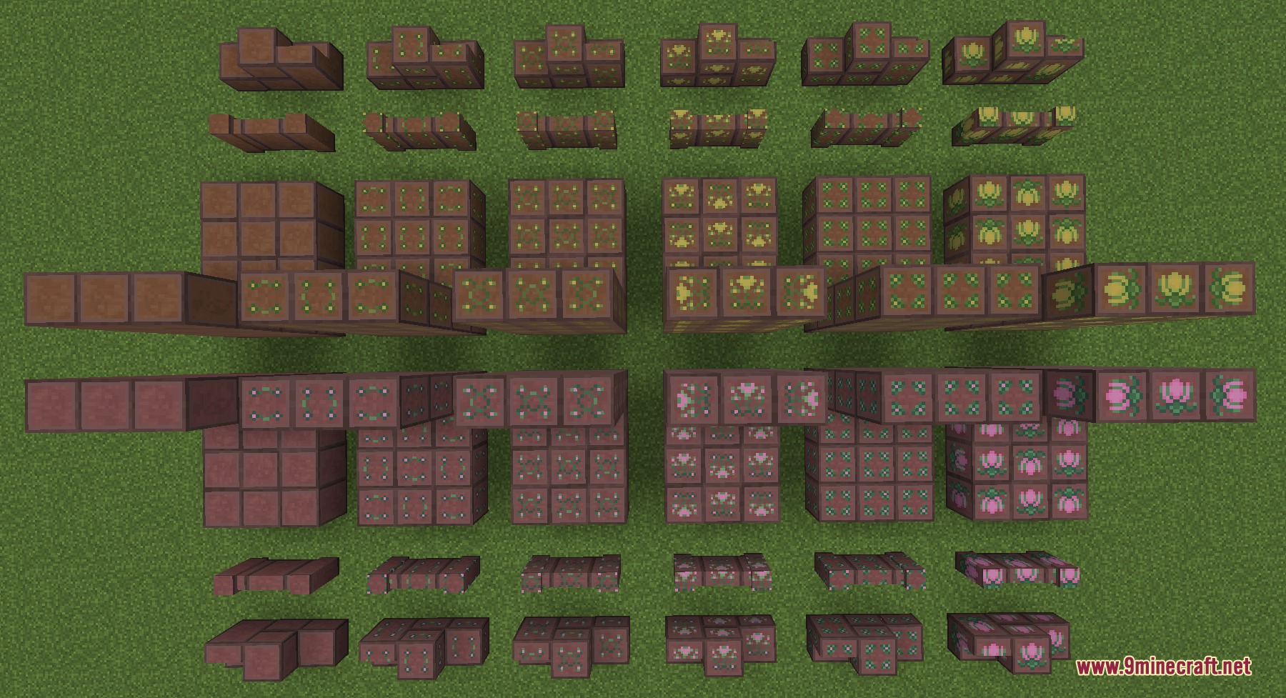 Tasty Tiles Mod Screenshot 6 Tasty Tiles mod featuring floral patterned blocks in yellow and pink colors
