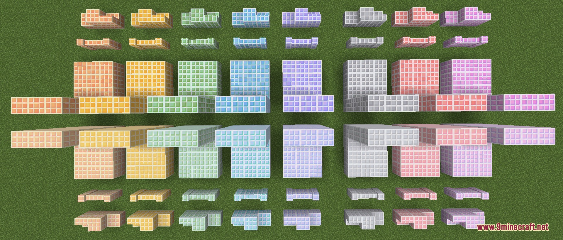 Tasty Tiles Mod Screenshot 8 Rows of pastel colored decorative tile blocks slabs and stairs on grass