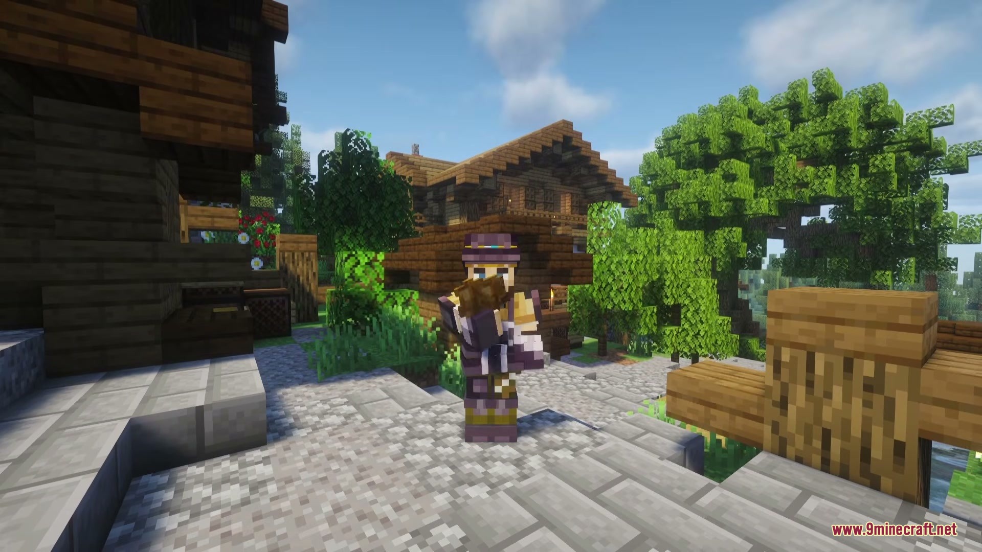 A Minecraft character wearing Ruffian armor stands in a peaceful village setting