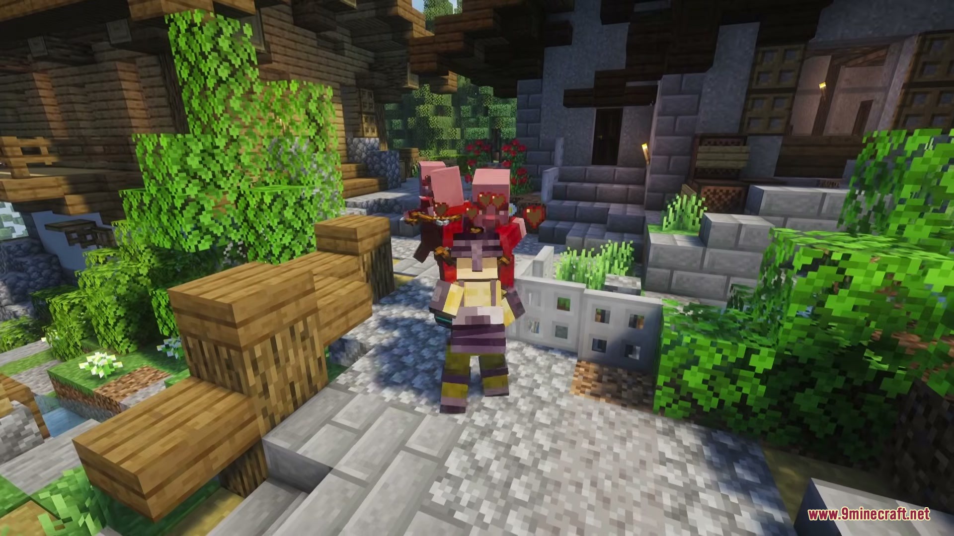 Minecraft player in Ruffian armor surrounded by mobs with floating heart effects