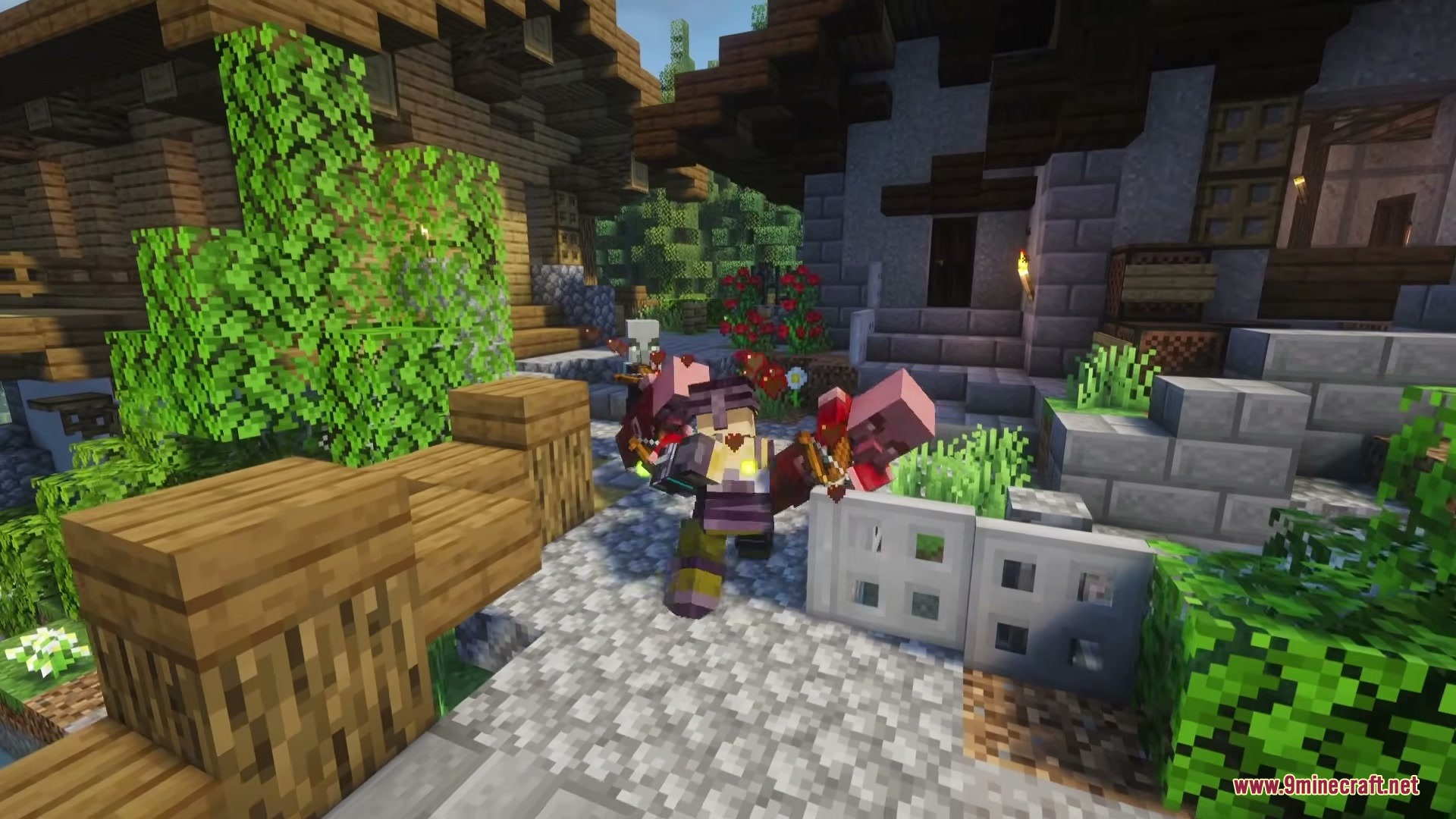 A player wearing Ruffian armor uses gauntlets to fight mobs in a village