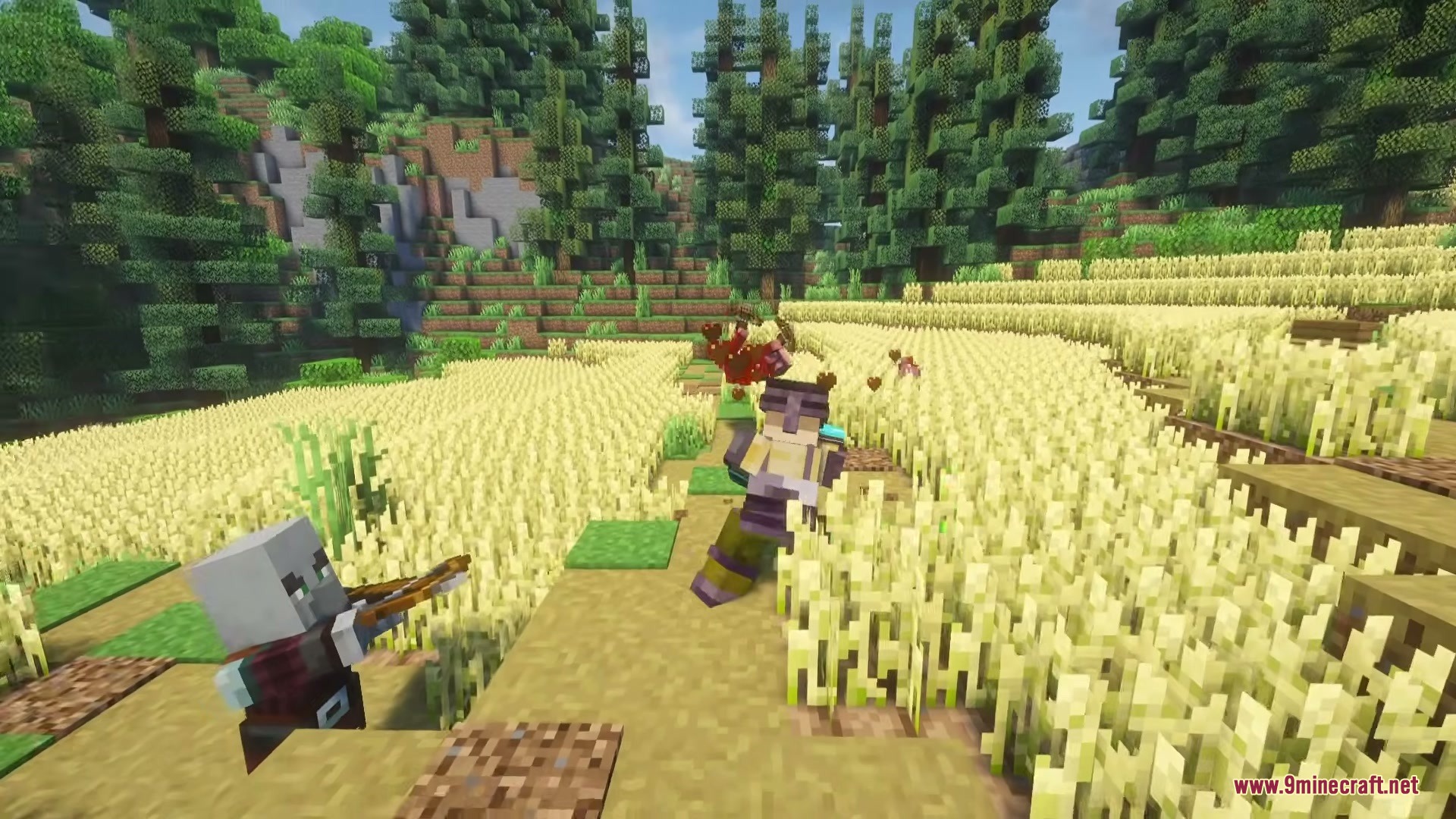 A Pillager shoots a player wearing Ruffian armor in a wheat field