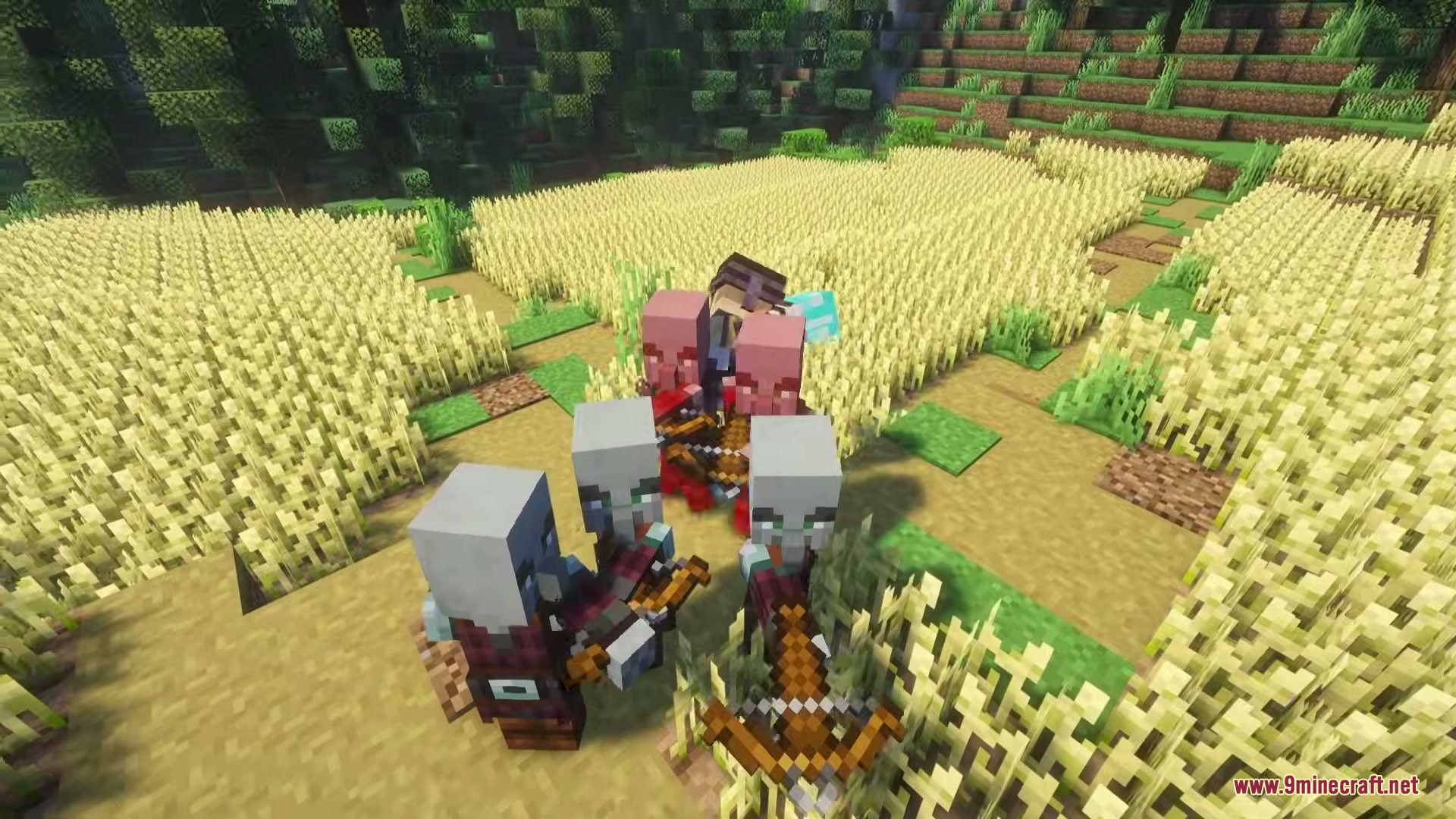 Player character using brawler combat skills to fight Pillagers in a wheat field