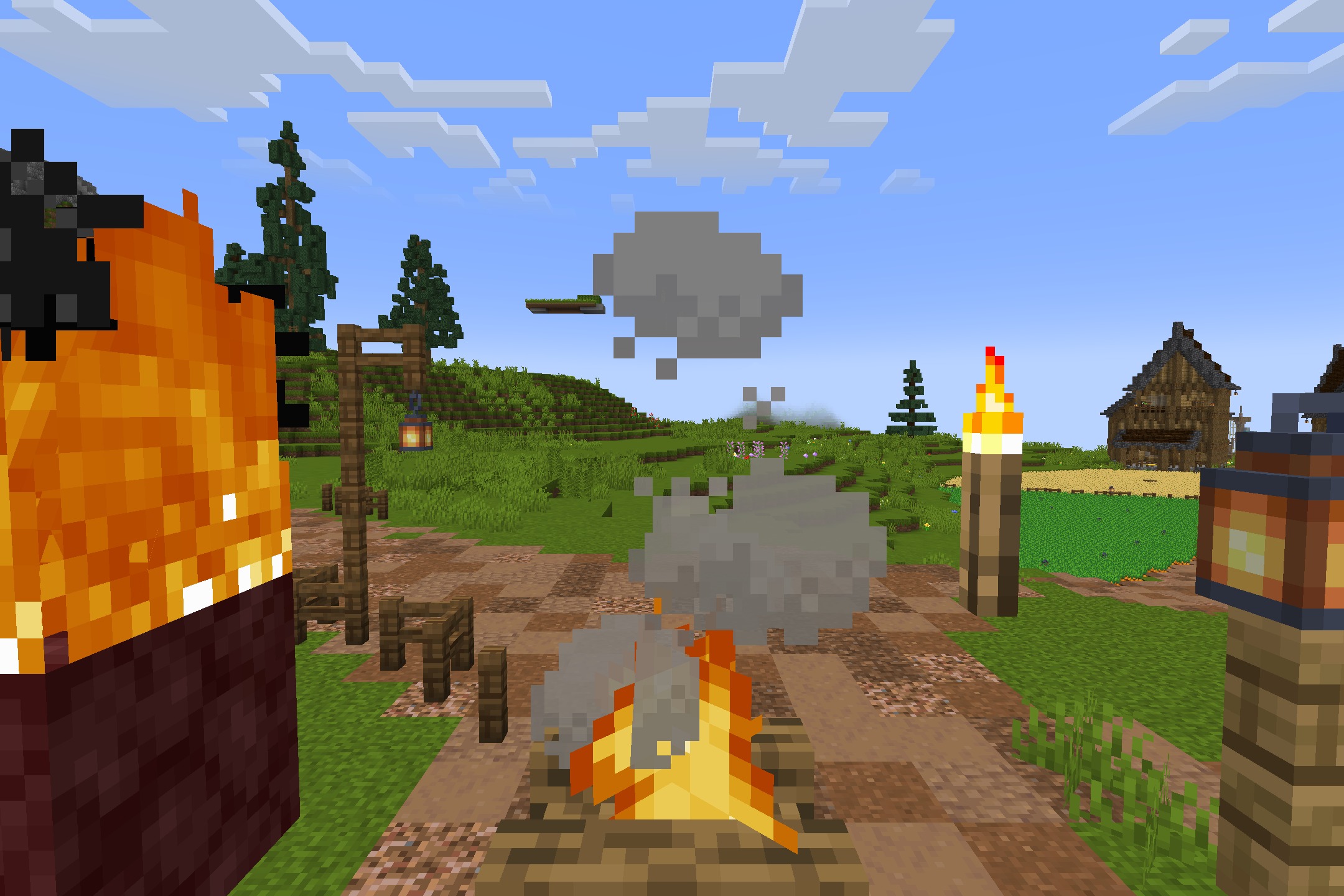 Tazko’s Fresh Textures Resource Pack Screenshot 8 Campfires and lanterns light up a path in a vibrant Minecraft village scene