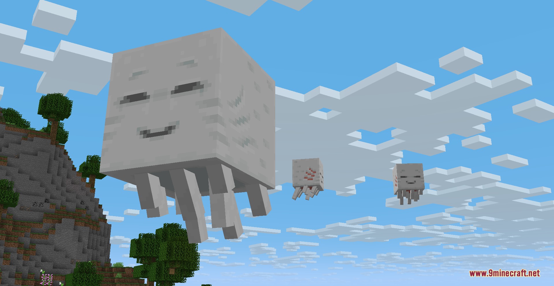 Tears & Cheers Ghast Revamp Resource Pack Screenshot 1 Happy Ghasts from the Tears and Cheers resource pack flying in the sky