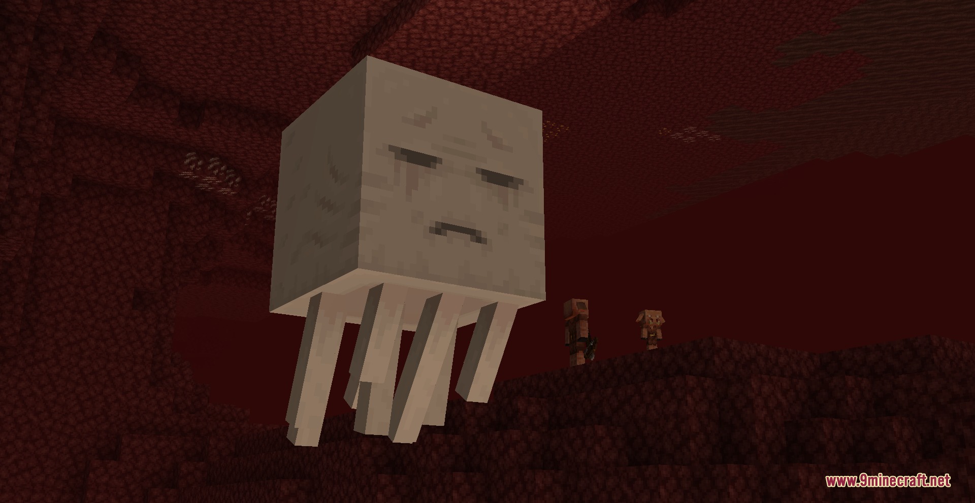 Tears & Cheers Ghast Revamp Resource Pack Screenshot 2 A sad Ghast with tear marks flying through the dark red Nether