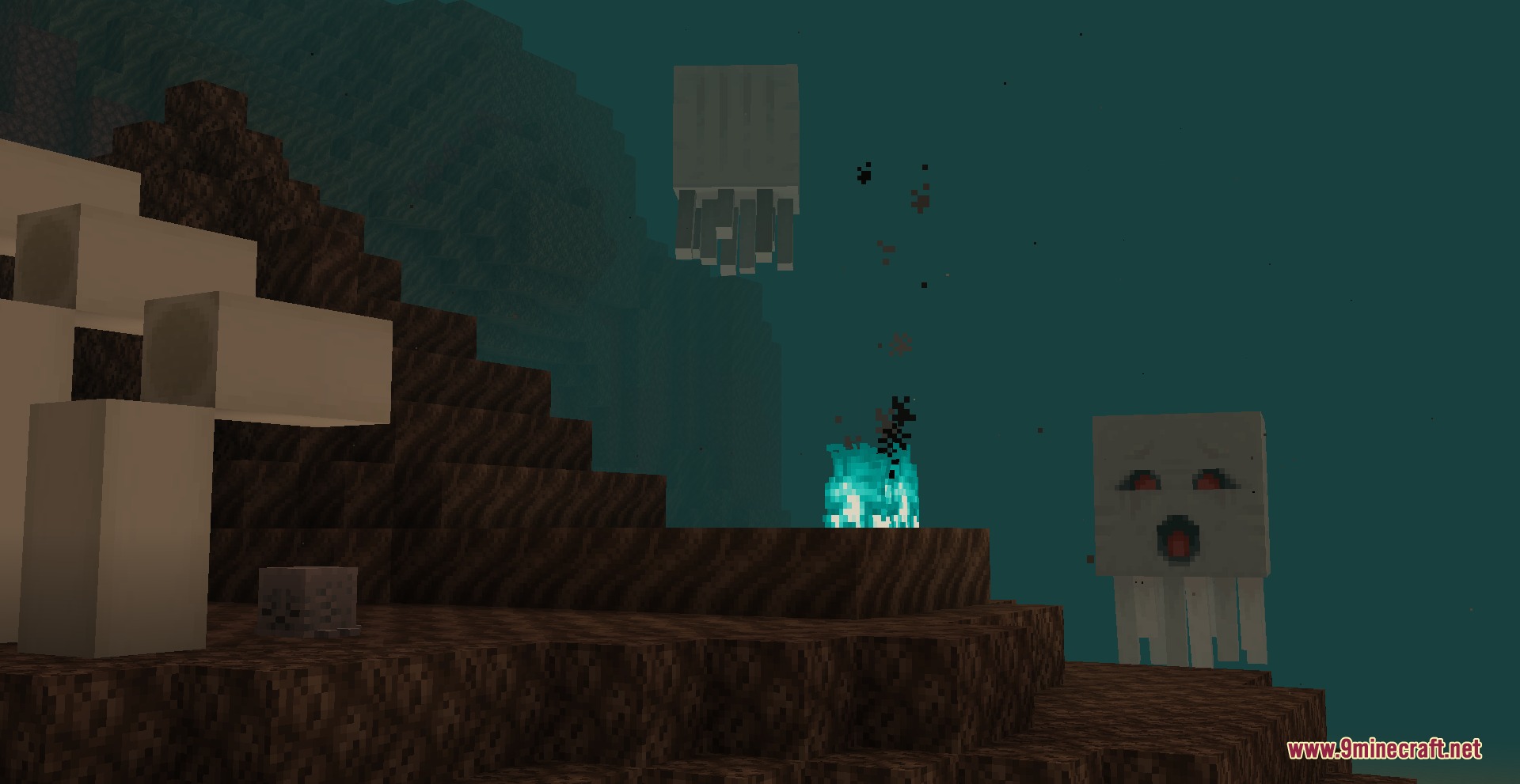 Tears & Cheers Ghast Revamp Resource Pack Screenshot 3 Sad ghasts floating in the nether near blue soul fire and bones