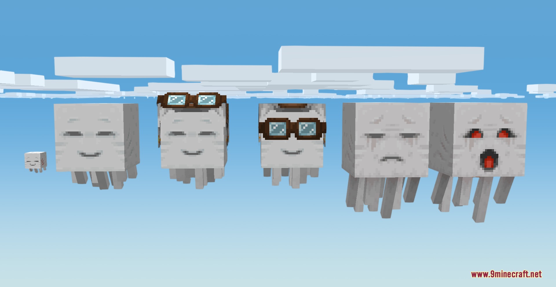 Tears & Cheers Ghast Revamp Resource Pack Screenshot 5 Various Ghasts with different facial expressions and goggles floating in the sky
