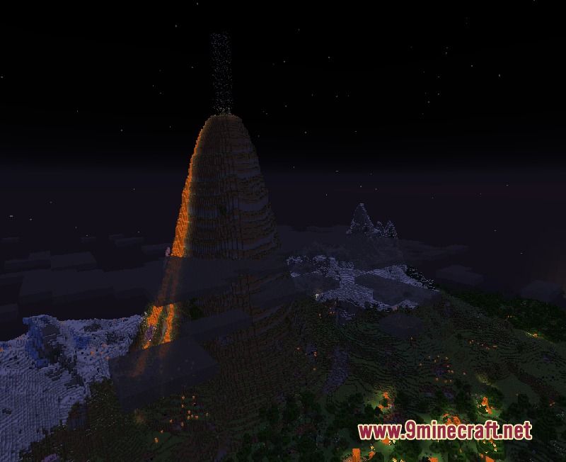 Tectonic Fury Mod Screenshot 1 A tall active volcano with lava flowing down its side at night