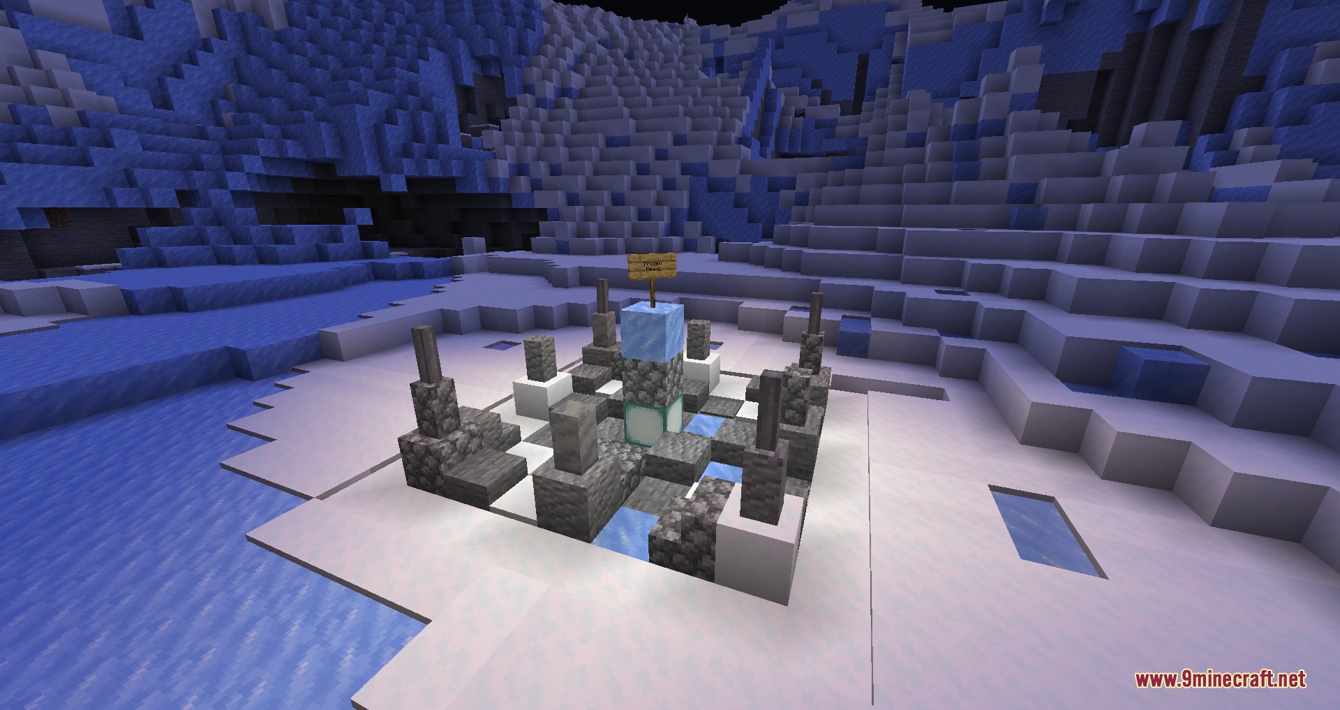 Telepost Mod Screenshot 1 A stone teleportation post structure built in a snowy Minecraft mountain biome