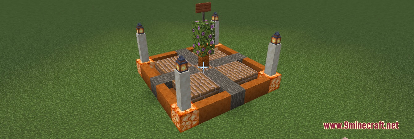 Telepost Mod Screenshot 2 A decorative wooden teleportation post with lanterns on a flat grass field