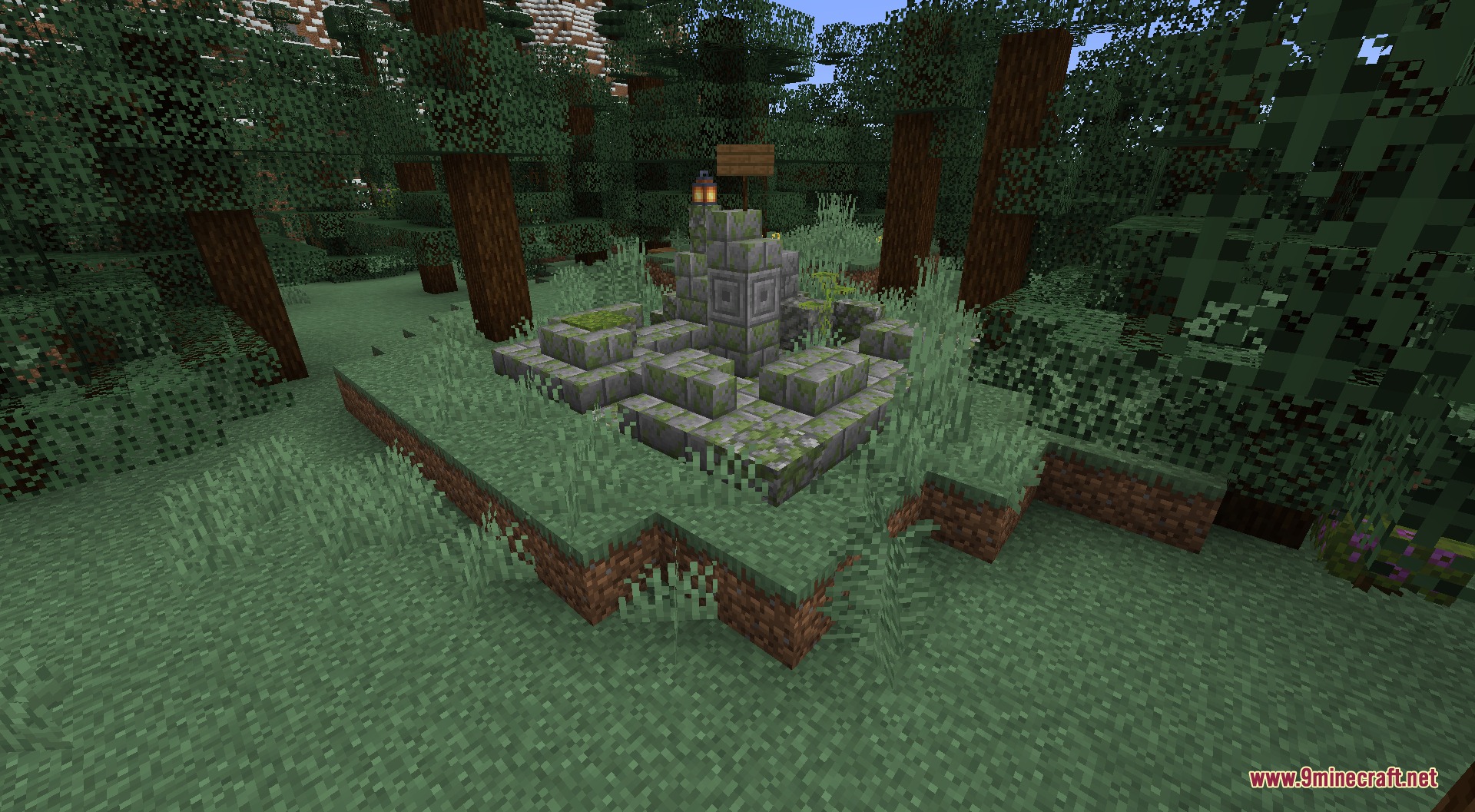 Telepost Mod Screenshot 3 Mossy stone teleportation post built in the middle of a taiga forest