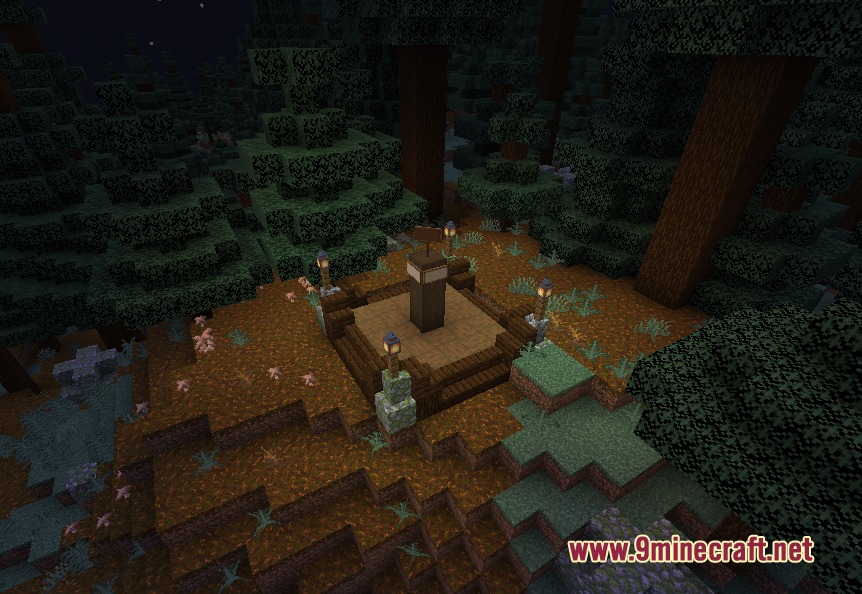 Telepost Mod Screenshot 4 Wooden teleportation post with lanterns located in a dark spruce forest