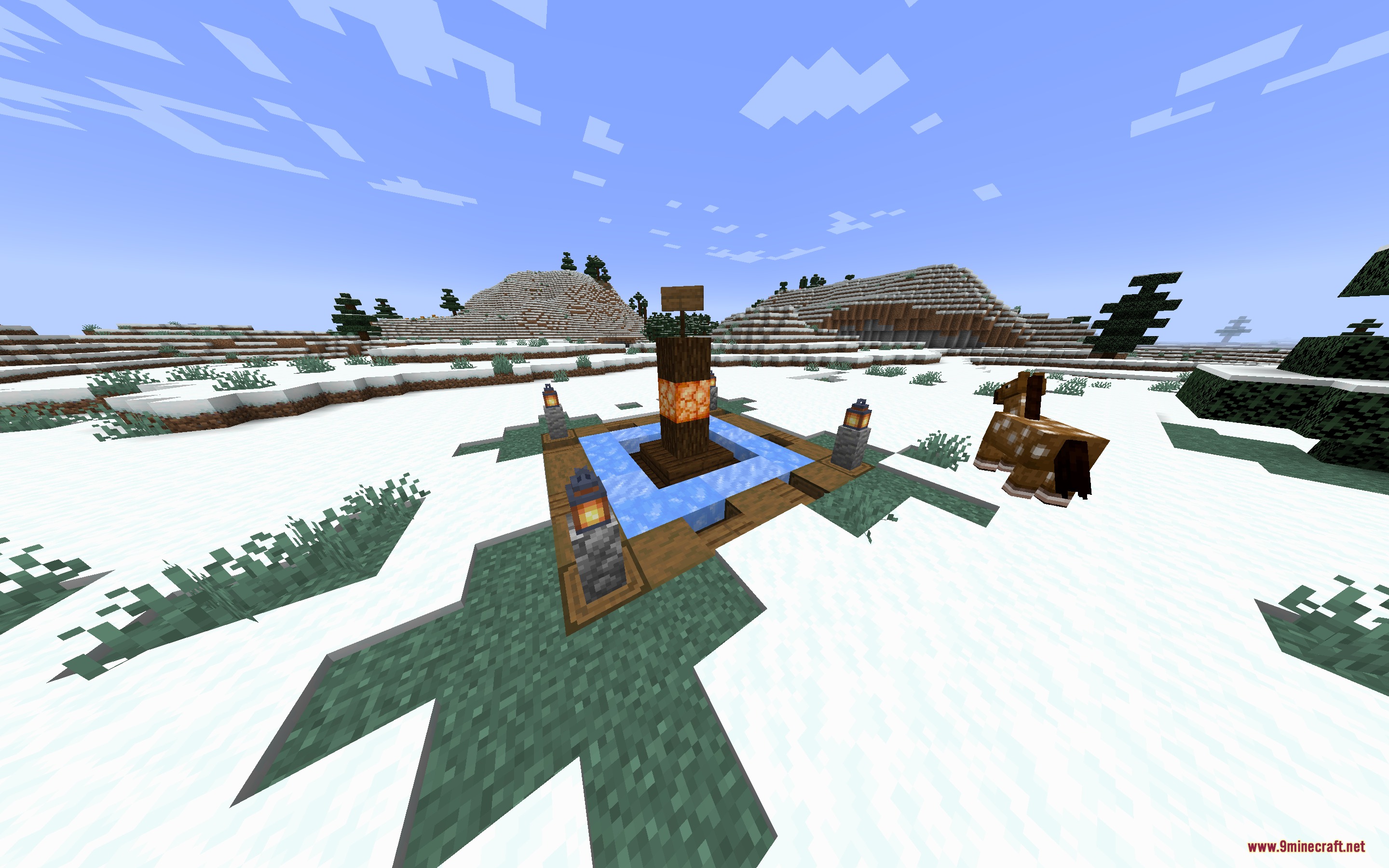 Telepost Mod Screenshot 6 A wooden teleport post with a sign on ice in a snowy biome