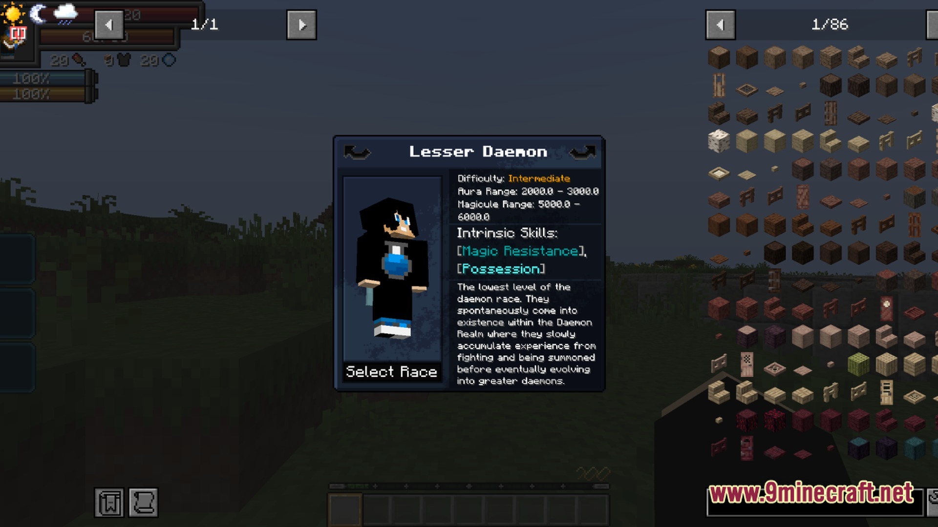 Tempest Protocol Modpack Screenshot 10 A character selection screen displaying the Lesser Daemon race with its intrinsic skills and attributes