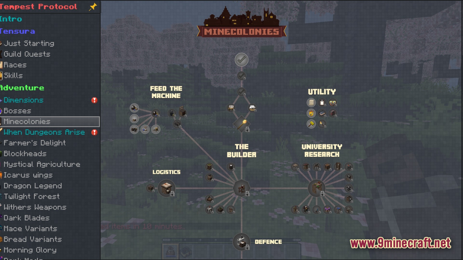 Tempest Protocol Modpack Screenshot 9 The Minecolonies quest tree interface displays progression paths for building, logistics, research, and colony defense