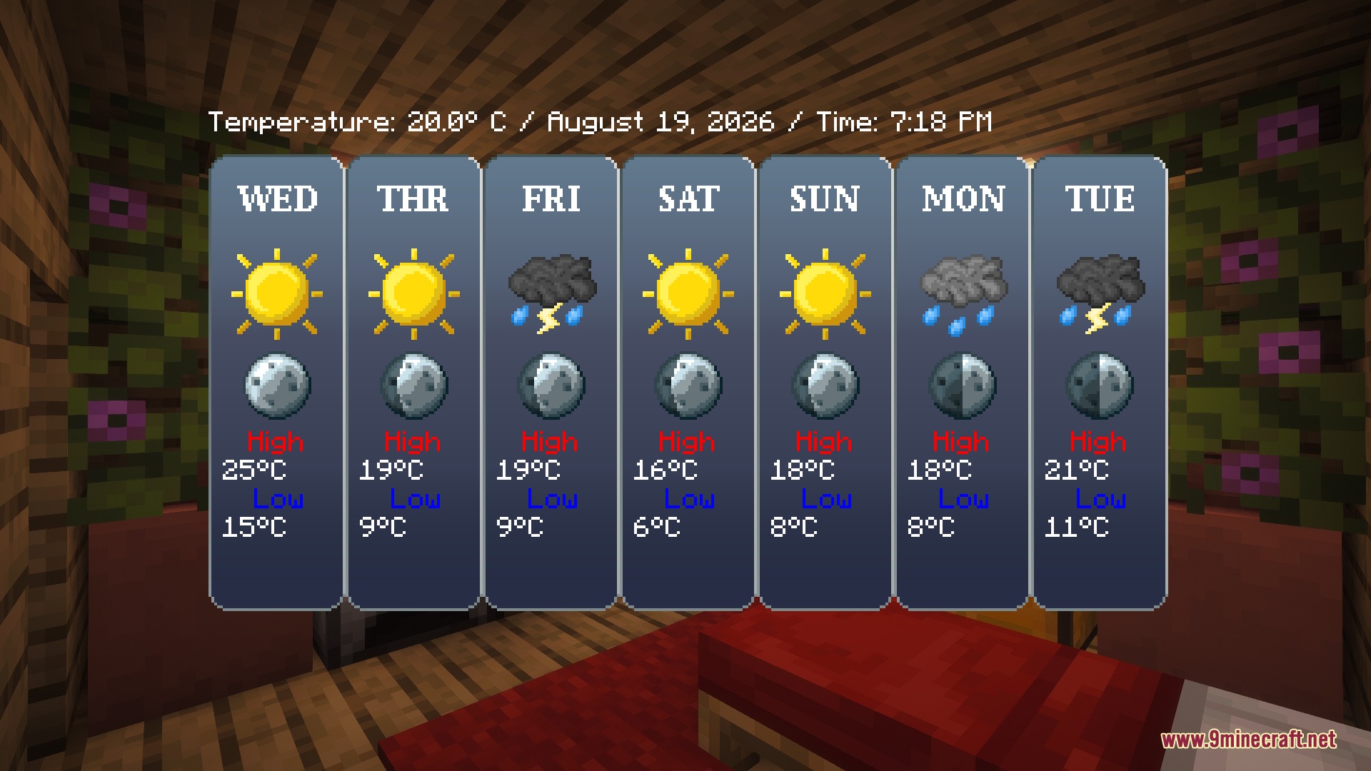 Temporal Mirror Mod Screenshot 3 Temporal Mirror Mod weather forecast overlay showing weekly temperatures and moon phases