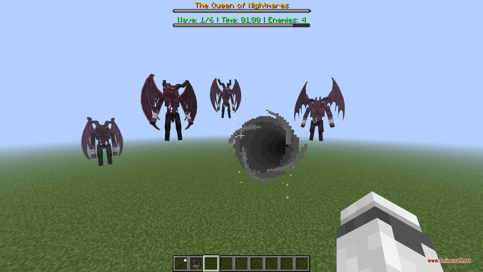 Tensura Gateways Data Pack Screenshot 1 Four winged monsters surround a dark swirling portal in a flat world