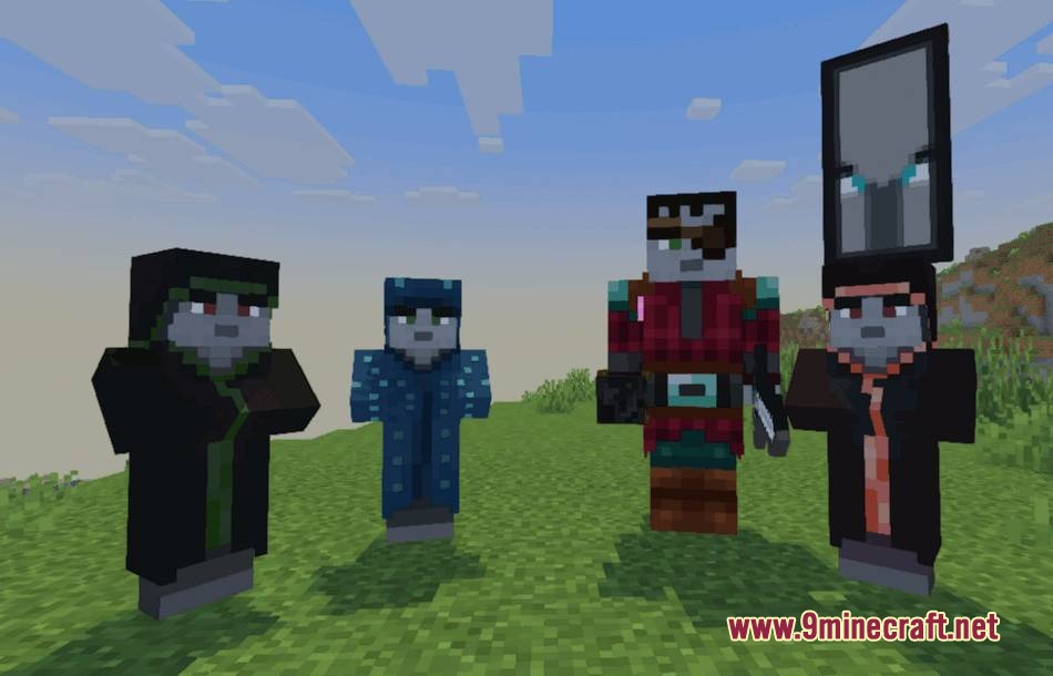 Terran Pillagers Resource Pack Screenshot 2 Four unique illager models with square heads posing on a grassy hill